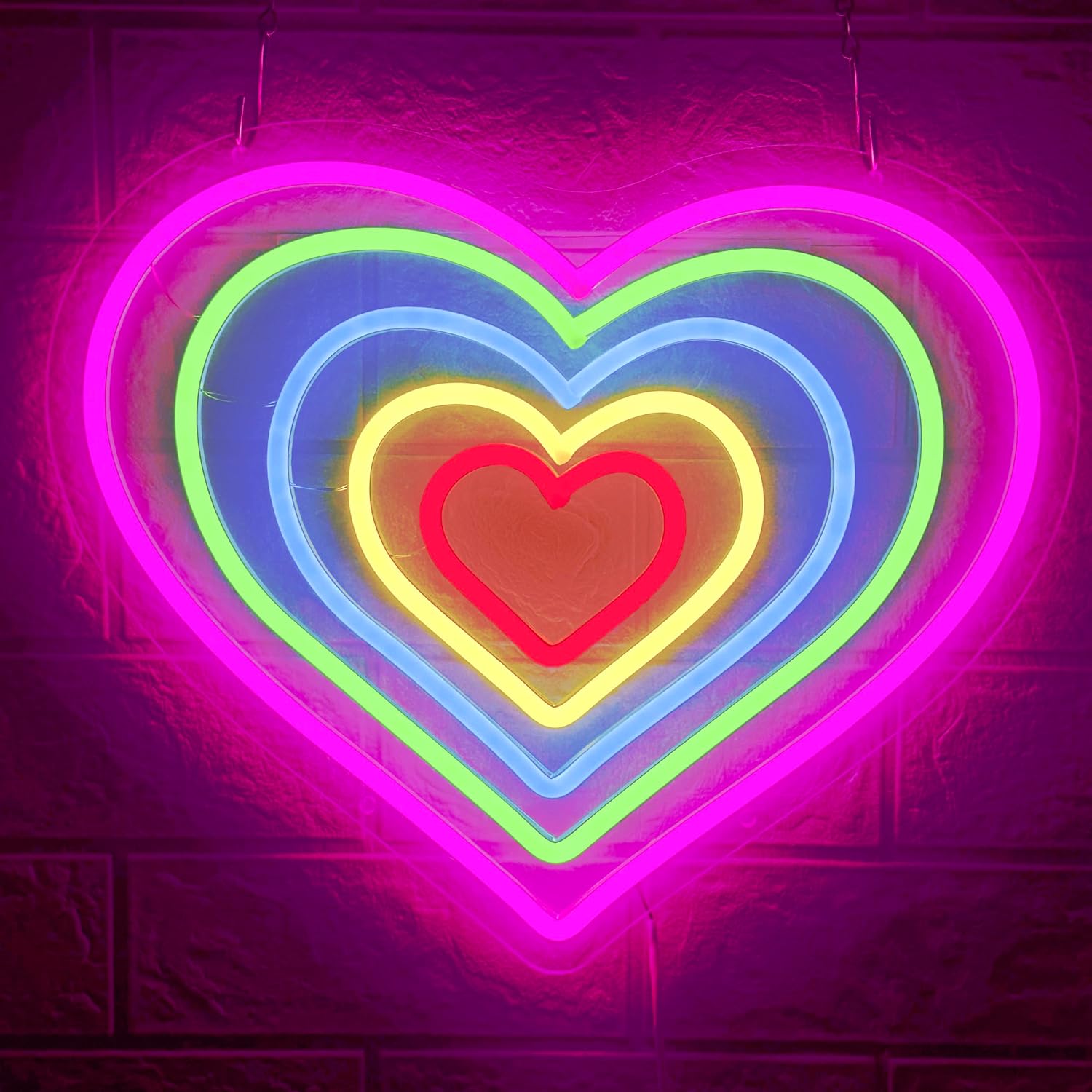Letrero de luz LED en forma de corazón con forma de corazón para decoración de pared, letrero de luz de neón arcoíris de corazón rosa para