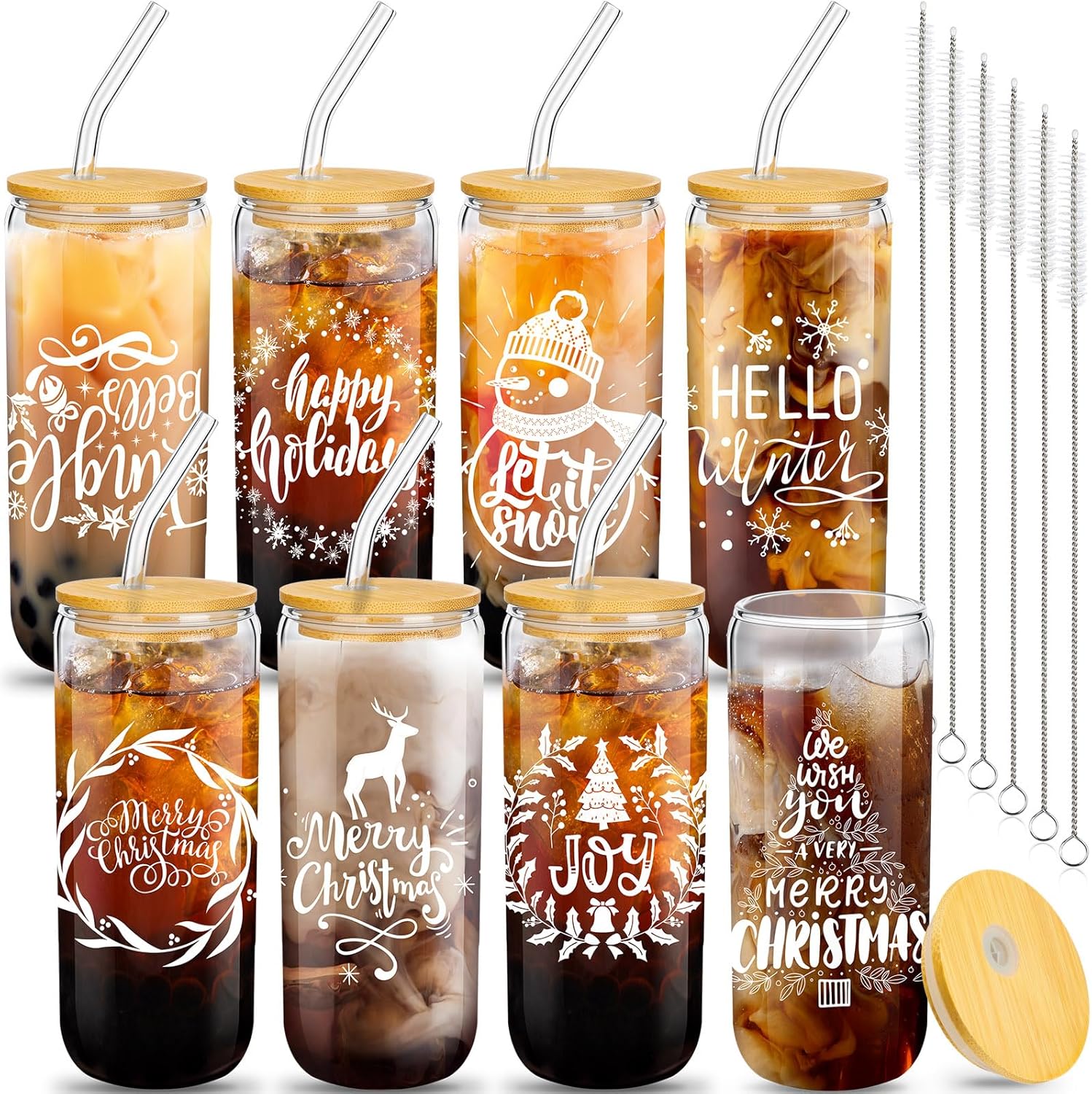meekoo 8 vasos de cristal de Navidad de 16 onzas con tapas y popotes en forma de lata, taza de café helado, tazas de Navidad para mujeres, niños y