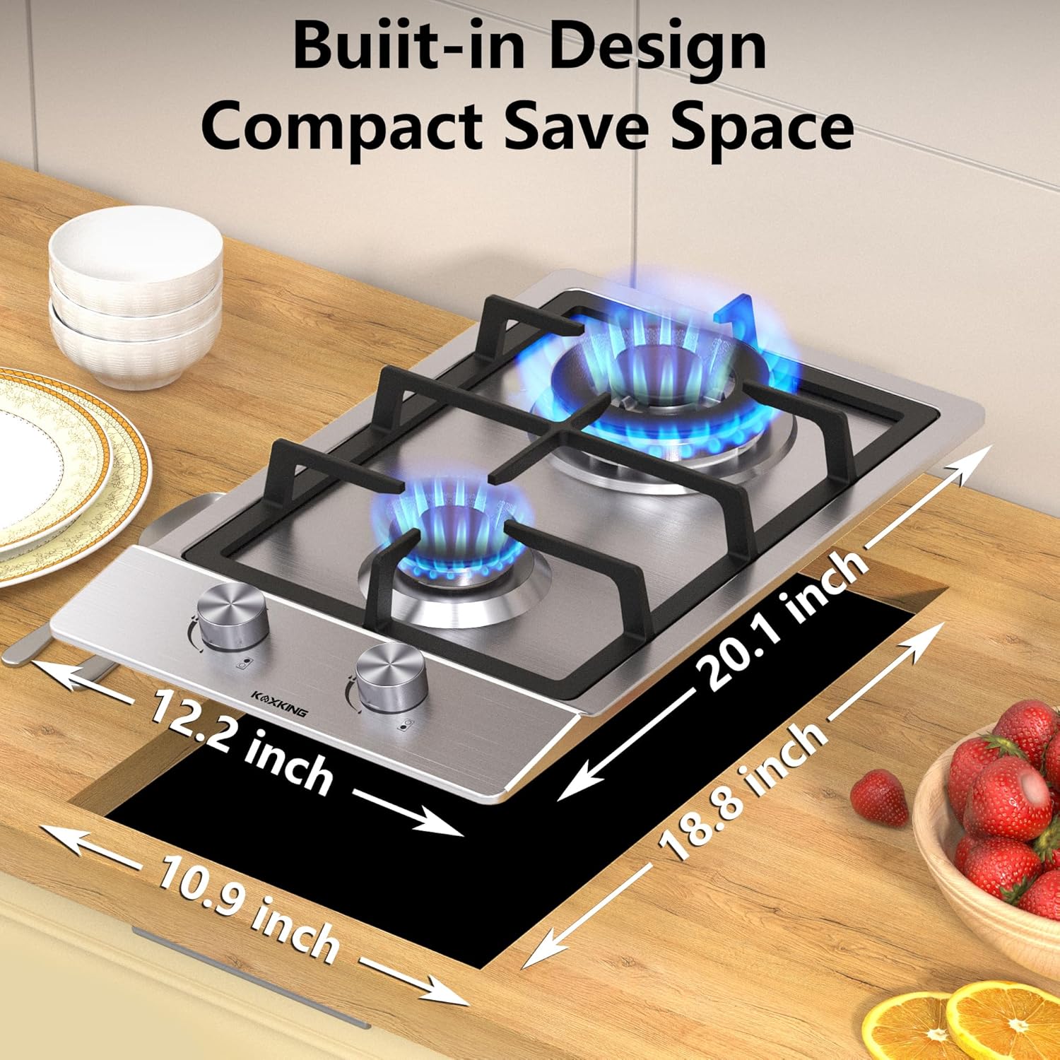 Placa de cocina de gas de 12 pulgadas, estufa de gas integrada con 2 estufas convertibles de 12 pulgadas de NGLPG, placa de cocina de propano de