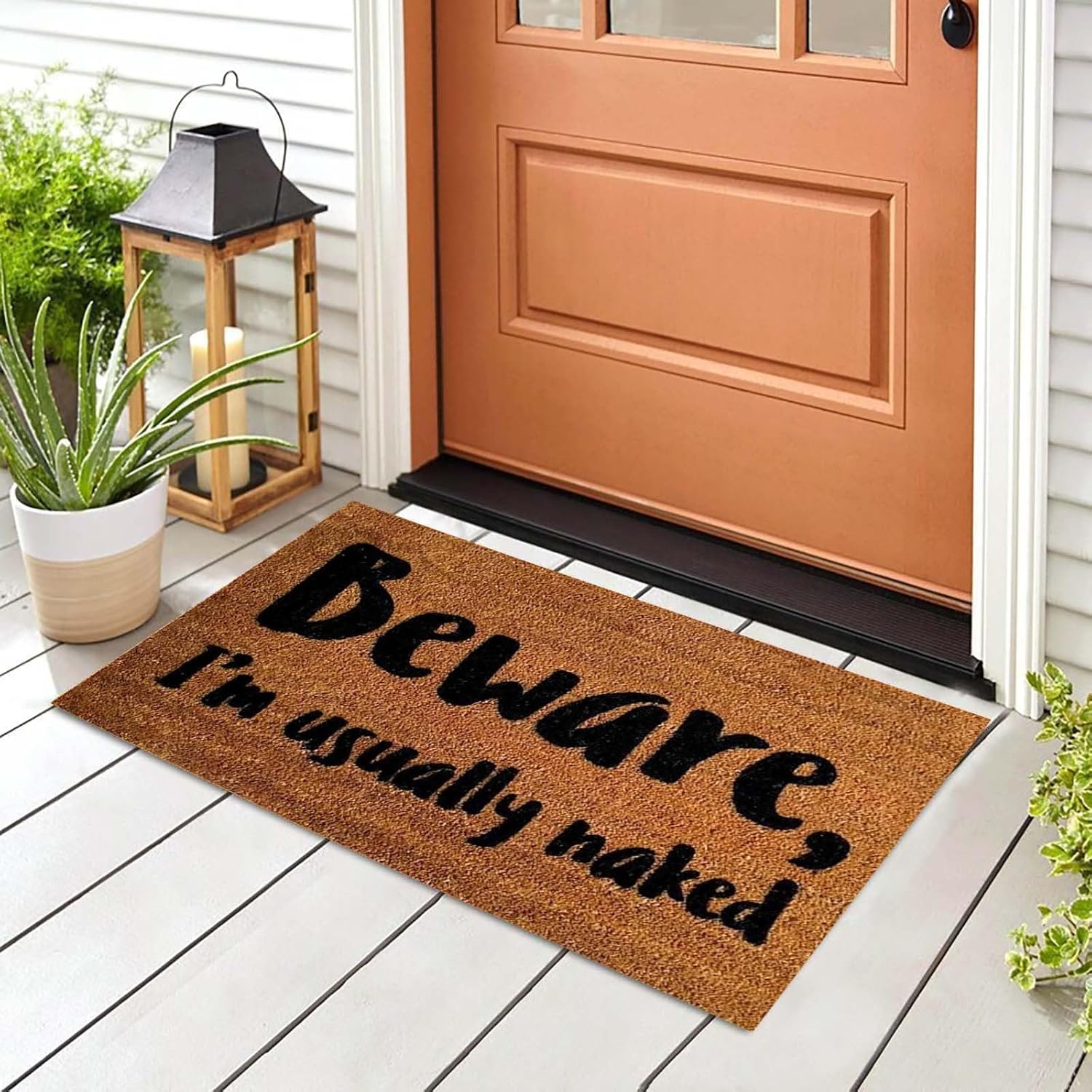 Tapete de bienvenida para interiores, tapete de puerta con texto en inglés “Beware I’m Usually Naked”, divertido tapete con refranes para