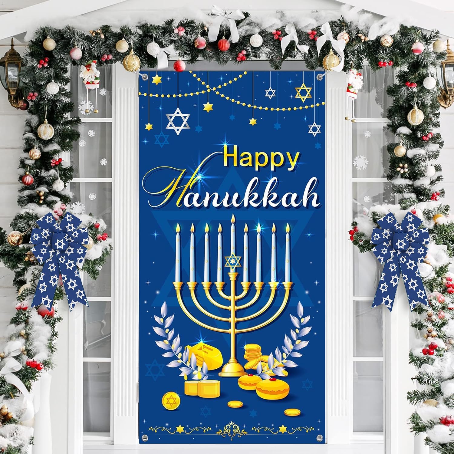 2 lazos de Hanukkah para corona, lazos de corona azul de Navidad judía, lazos rústicos de granja para puerta delantera, adornos de pared de la