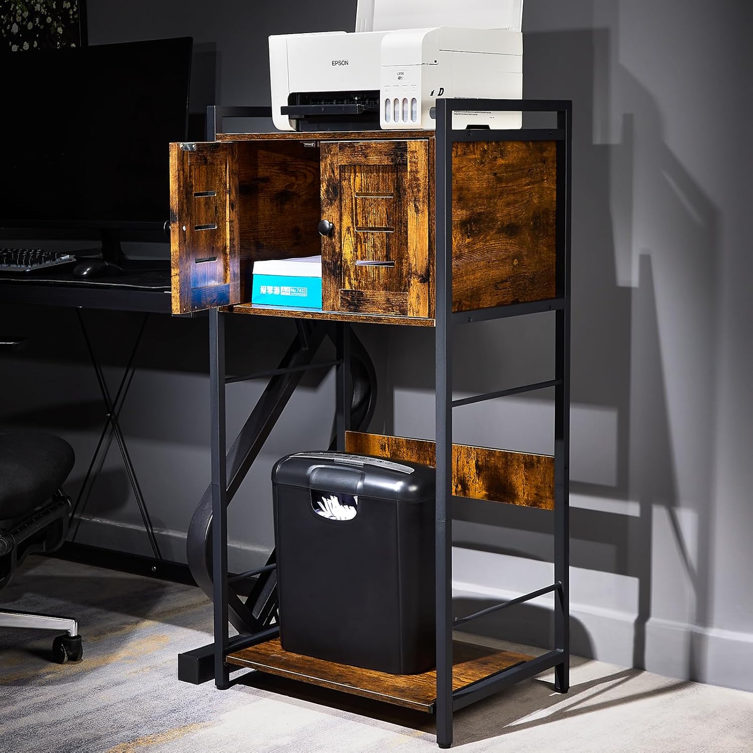 Soporte para impresora, soporte de impresora grande (20 x 16 x 43 pulgadas), soporte de impresora de 3 niveles con almacenamiento, mesa de impresora