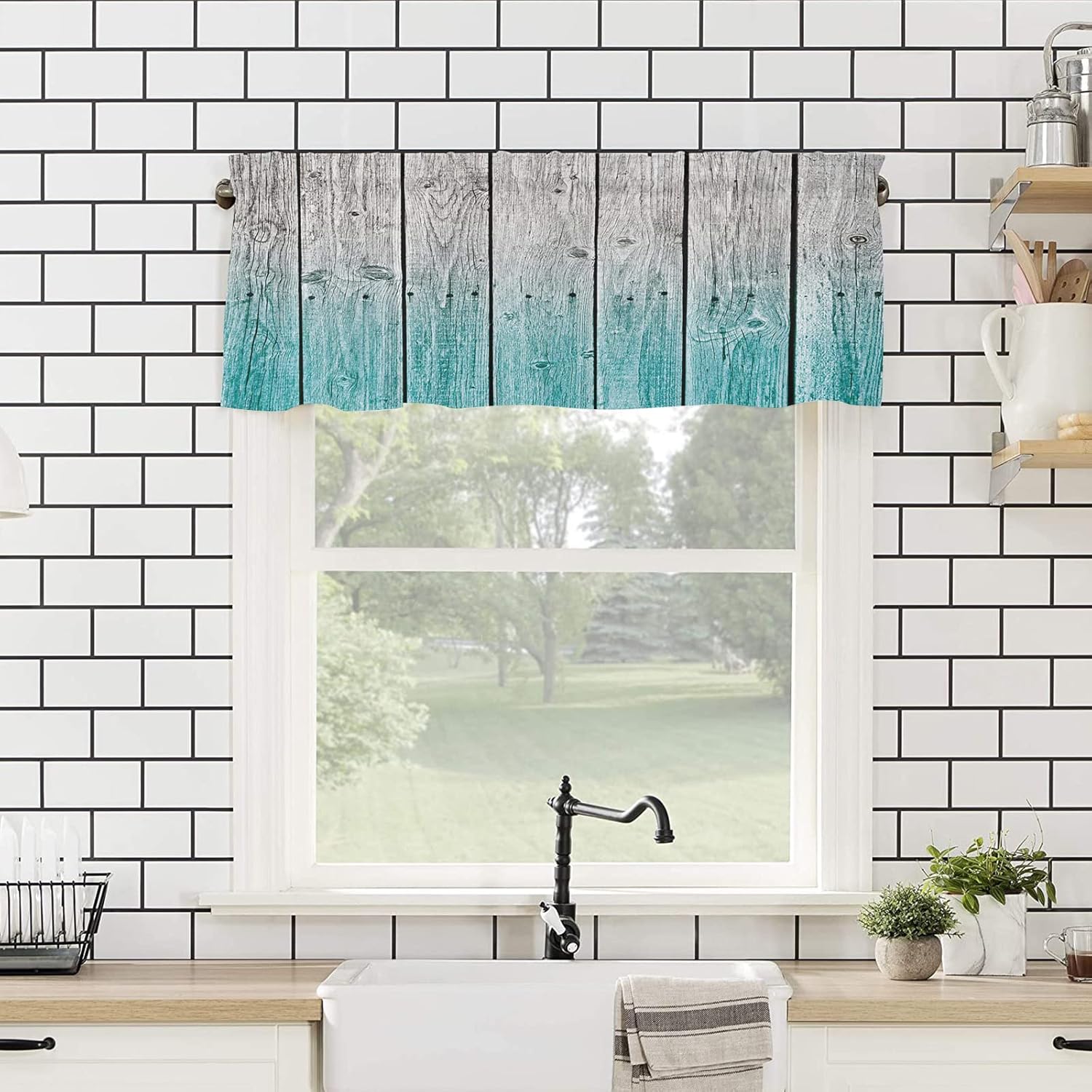Artwork Store Curtain Valance for Window Kitchen Decor, Ocean Gray Rustic Wood 54″ x 18″ Window Treatment Curtains Topper Rod Pocket Valances for