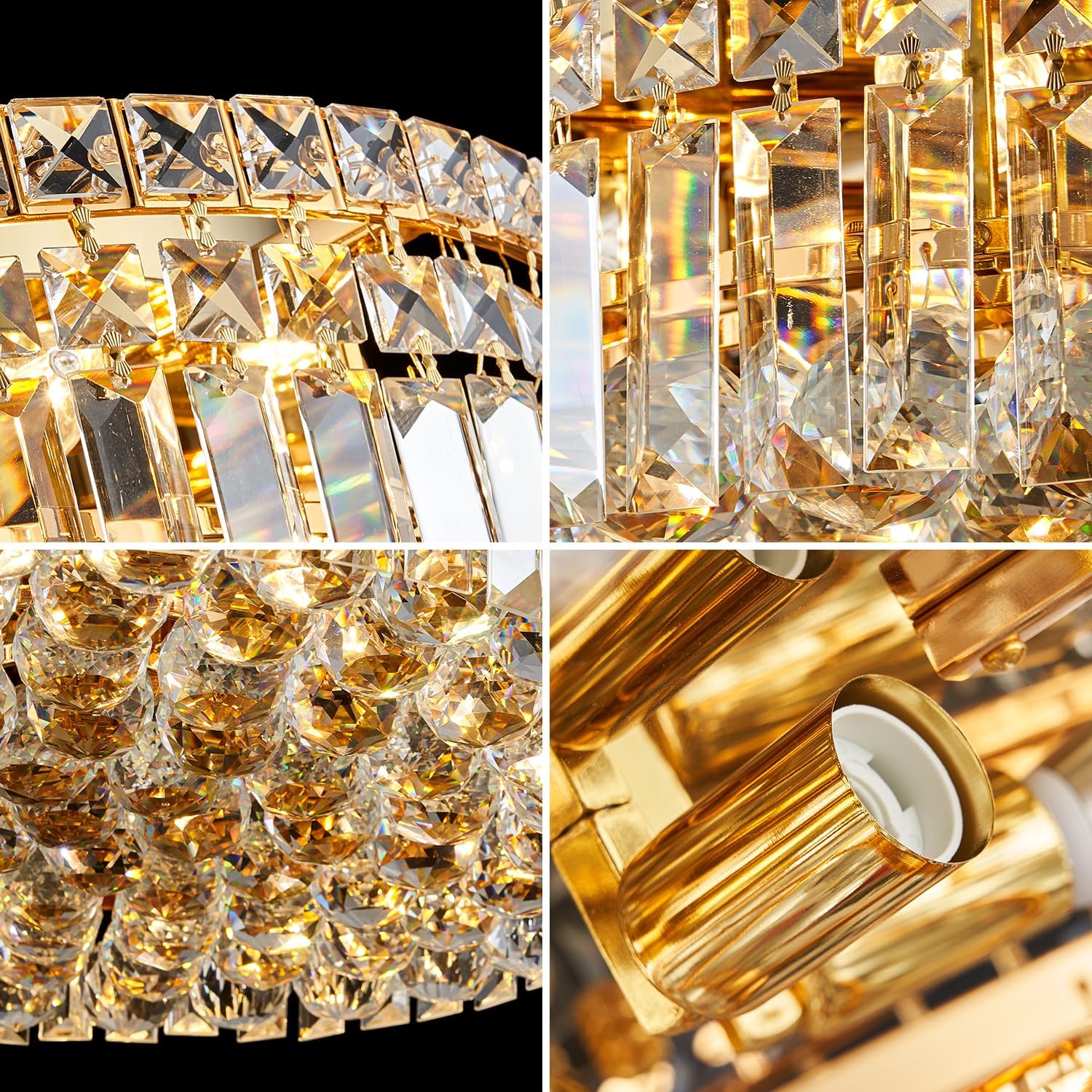 CEENLI Lámpara de araña de cristal dorado con 6 luces de montaje empotrado, lámpara de techo moderna de cristal K9, elegante lámpara colgante para