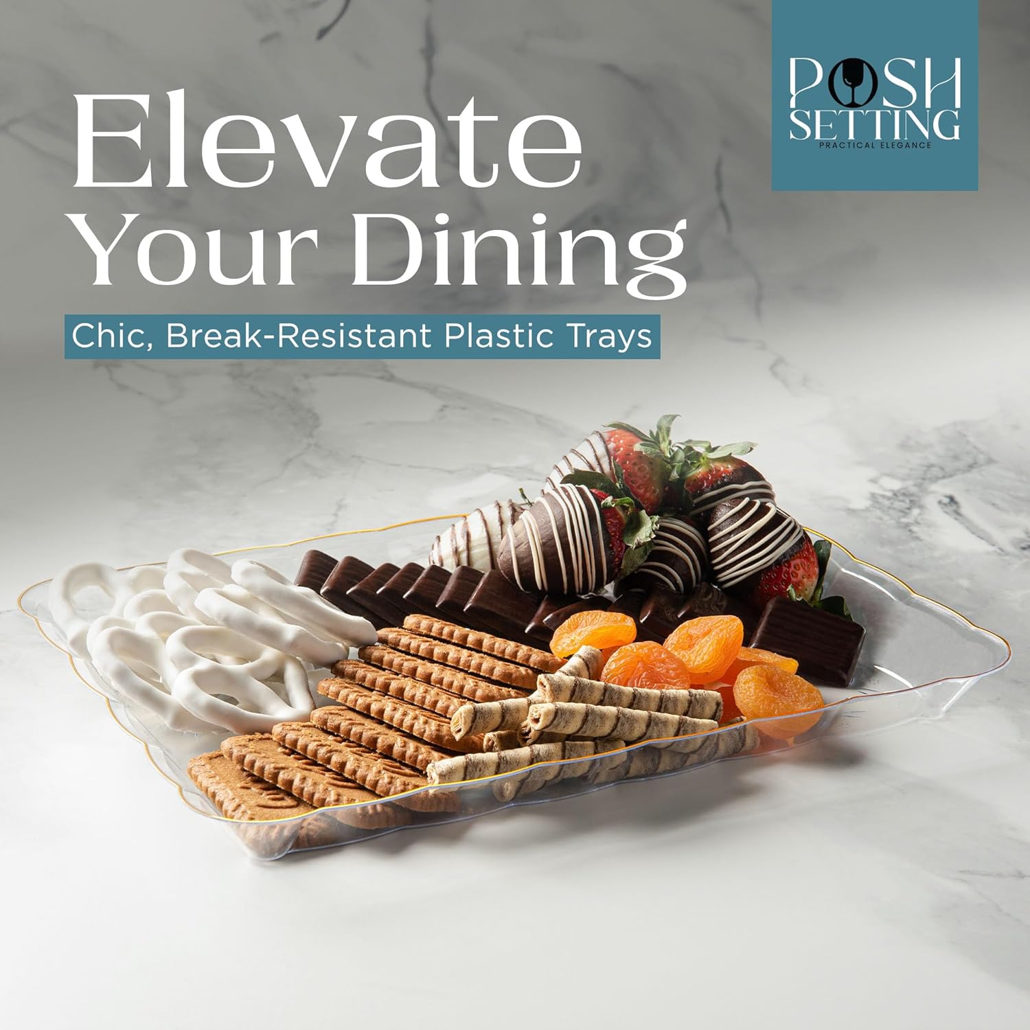 Posh Setting – Bandejas de plástico para servir alimentos, bandejas transparentes y doradas para fiestas, bandejas de plástico para servir, platos