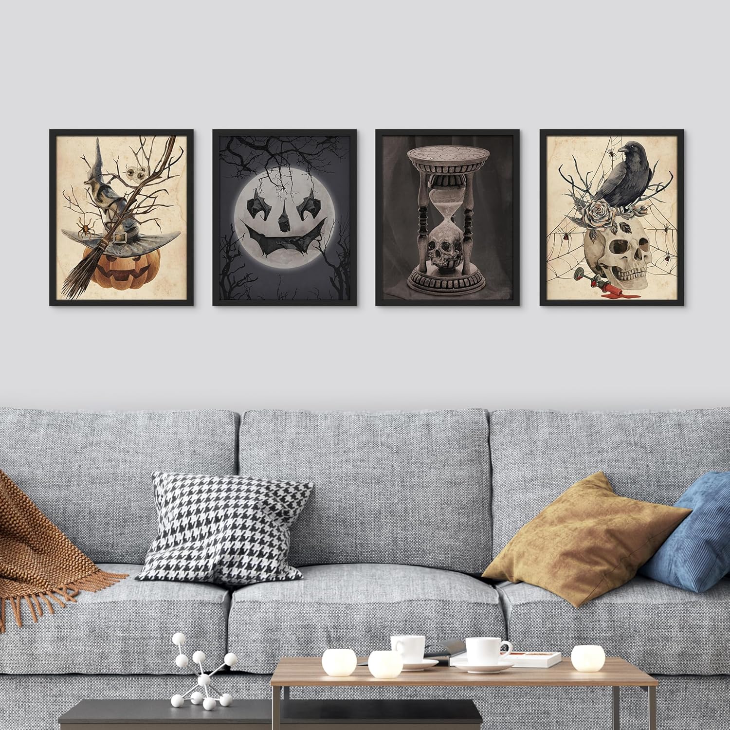 SIGNWIN Póster enmarcado Pascua de Halloween con sombrero, esqueleto, gato, calabaza, celebraciones y vacaciones, arte moderno, realismo, animal