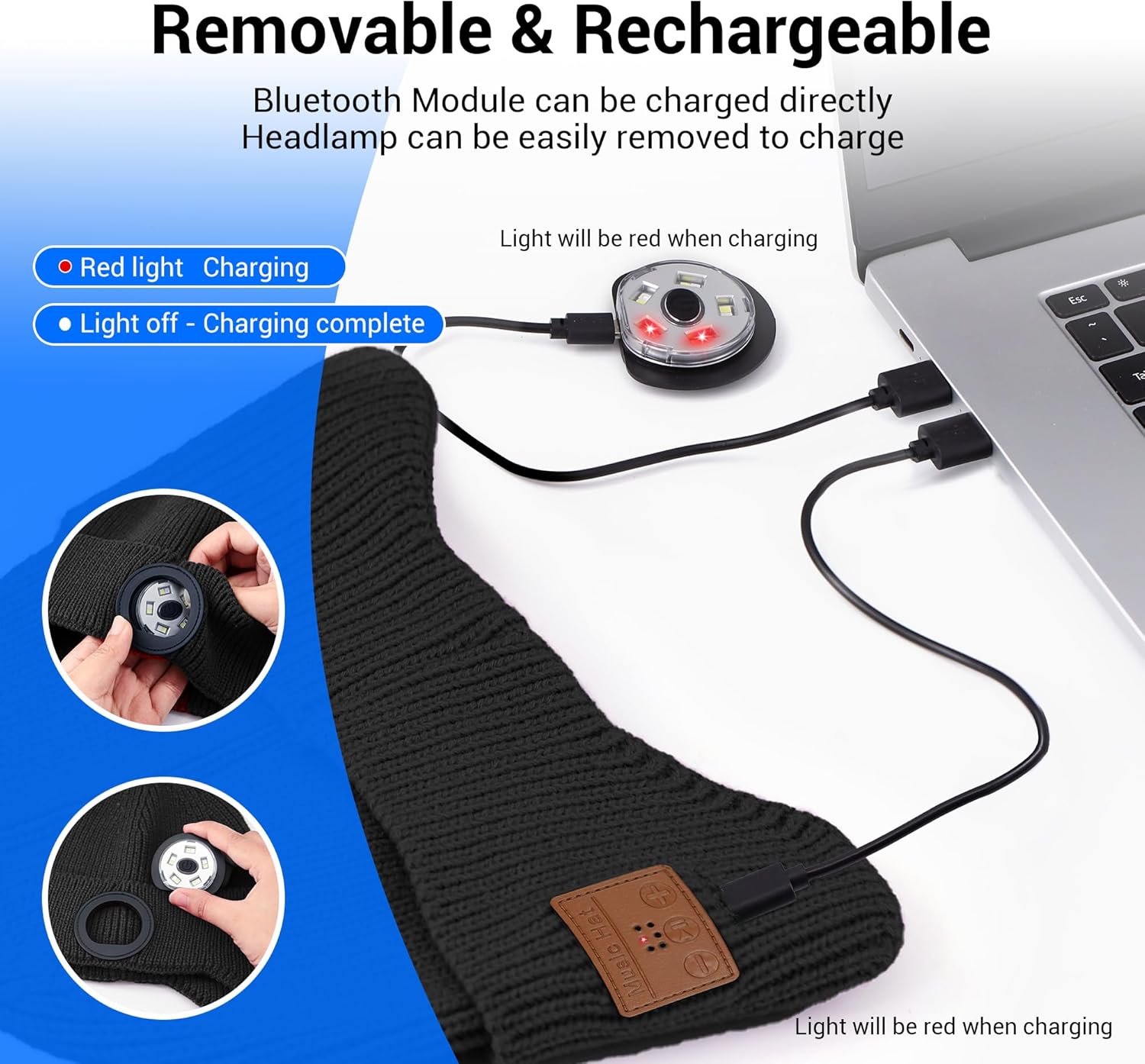Gorro Bluetooth con luz LED para niños, micrófono integrado y altavoces estéreo, gorro de punto con música recargable por USB (negro, niño)