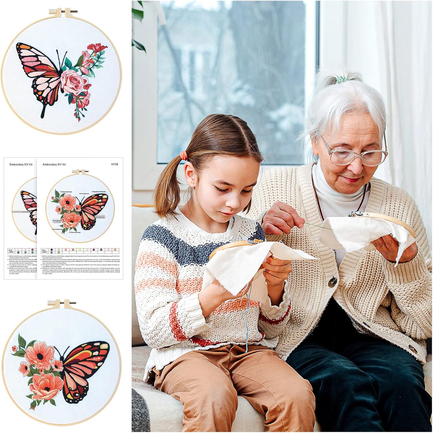Yinder 5 juegos de bordado para principiantes con patrones de flores de mariposa e instrucciones (idioma español no garantizado), kits de punto de