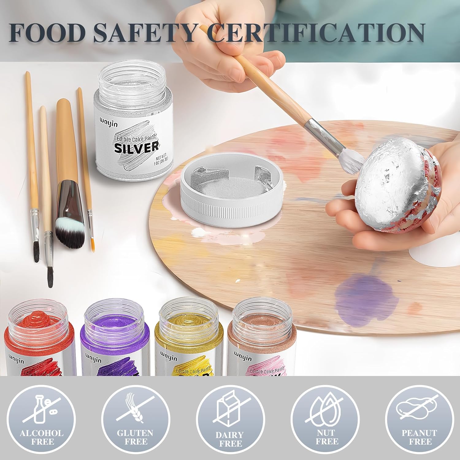 Wayin – Pintura decorativa comestible plateada para tartas, colorante alimentario, para hornear, pintura decorativa brillante de grado alimenticio