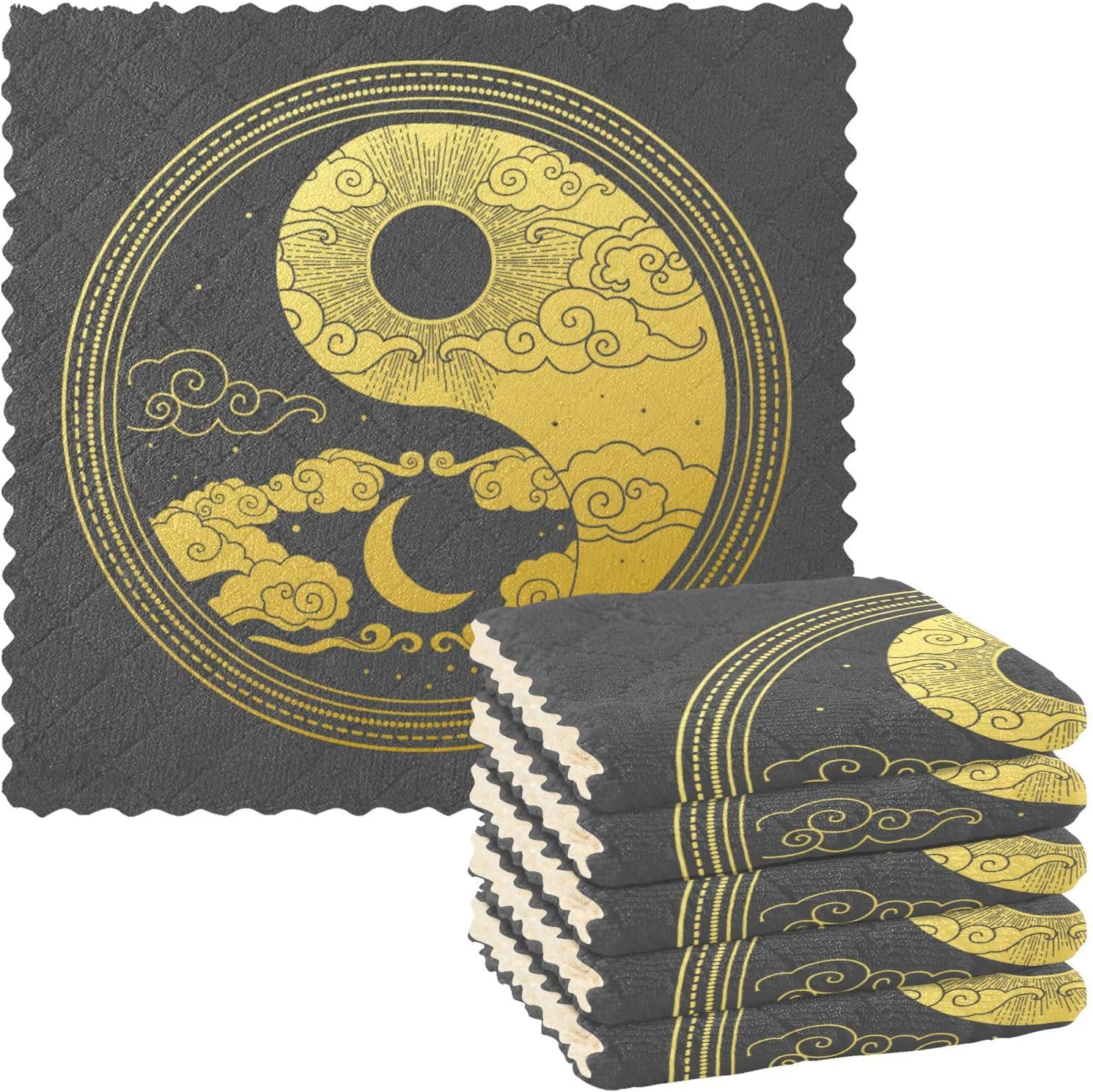 Oriental Style Yinyang Sun Moon Clouds Stars 6 Pack Quick Dry Microfiber Dish Towels Decor Quality Dish Tea Towels for Restaurant Oven