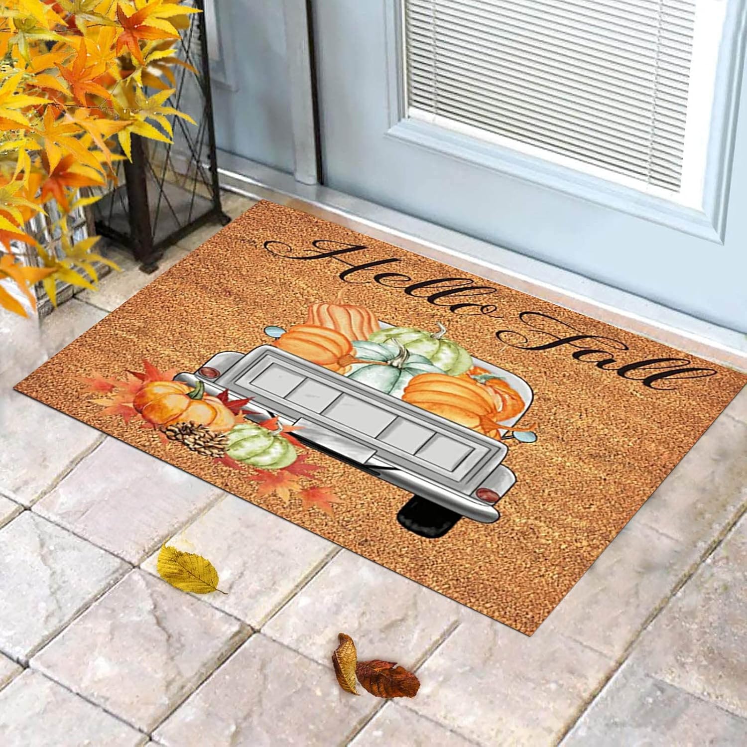 Felpudo de bienvenida con estampado de calabazas de otoño, tapete de entrada de fibra de coco para exteriores, antideslizante, resistente a la