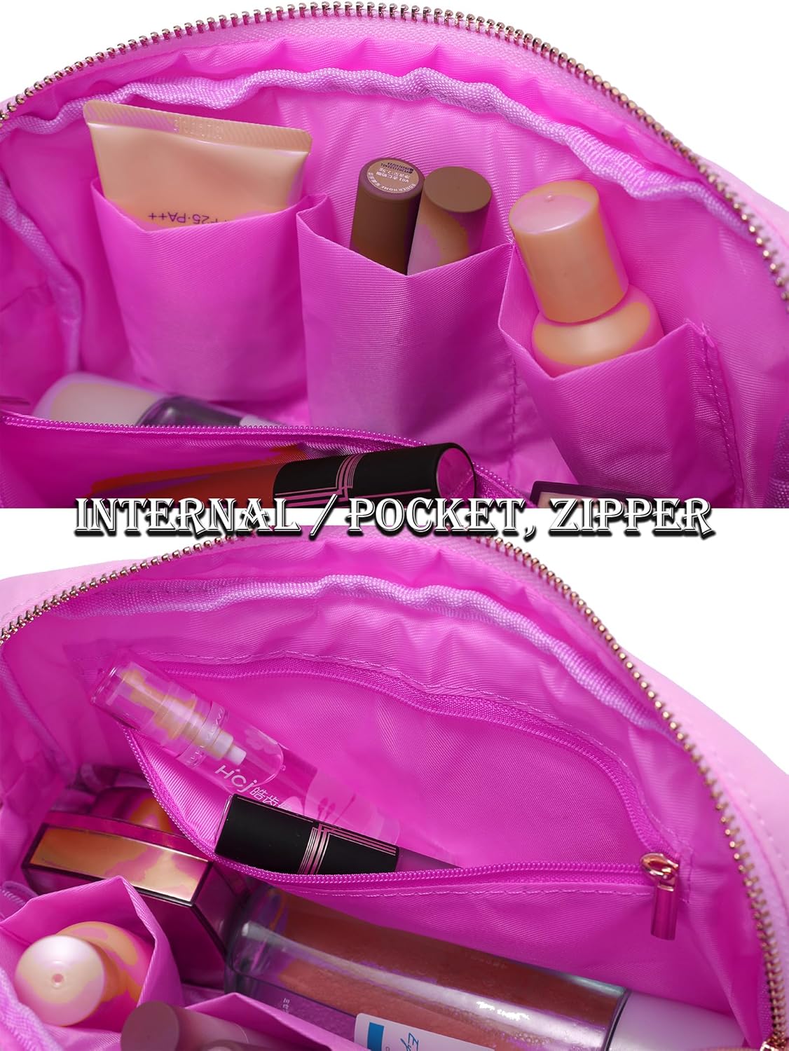 Preppy Patch – Bolsas de maquillaje con letras con purpurina, bolsa de cosméticos de viaje, bolsa de nailon impermeable para mujeres y niñas,