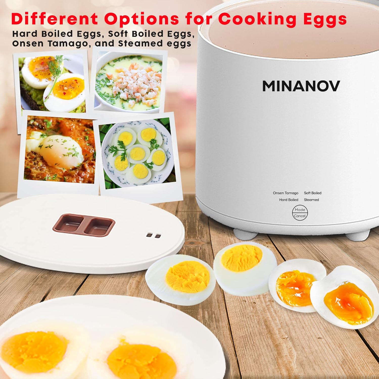 MINANOV Olla eléctrica para huevos  Cocina inteligente para huevos duros, hervidos suaves, huevos al vapor, Onsen Tamago  Mini olla de huevos para