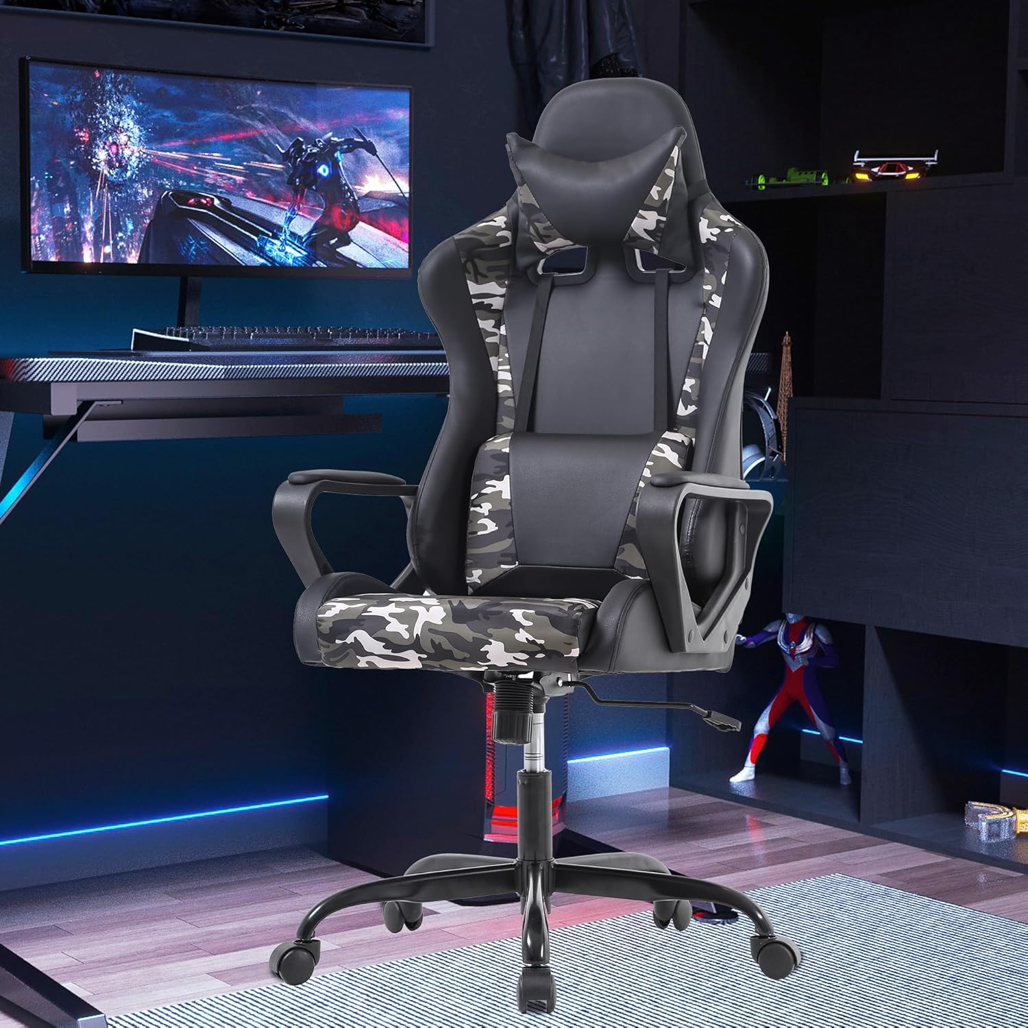 PayLessHere Silla ergonómica de escritorio de carreras, silla de computadora con reposabrazos, giratoria de 360 y ruedas de poliuretano, silla de