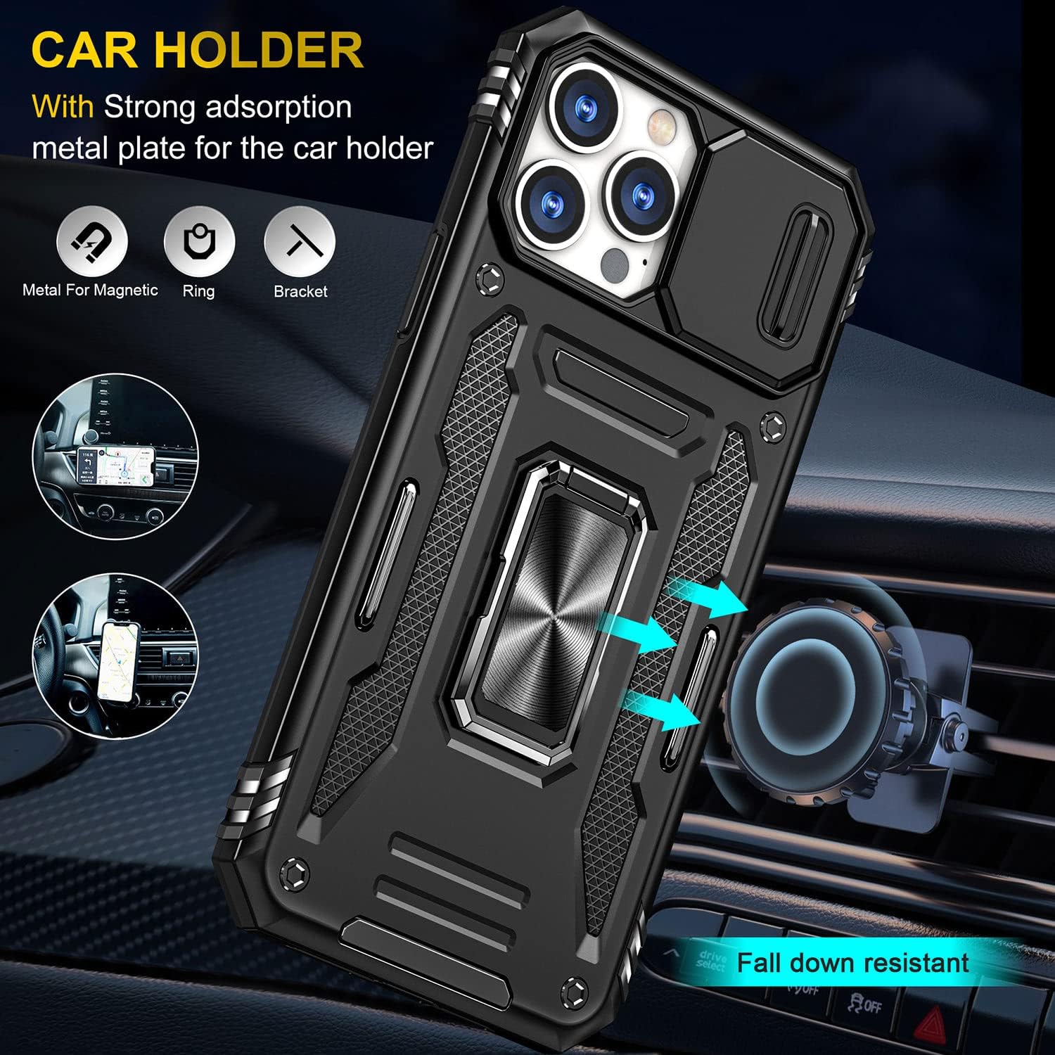 SEFING Funda para iPhone 12 Pro Max, funda para iPhone 12 Pro Max con funda para cámara, con soporte de anillo y función de montaje magnético para