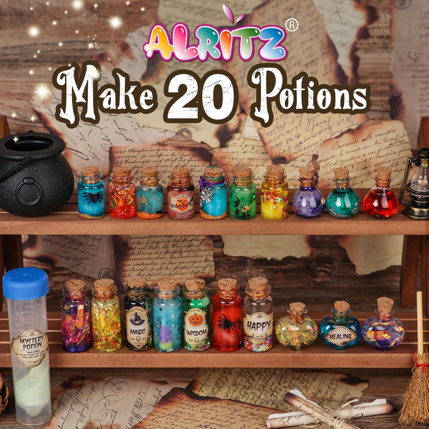 Alritz Kit de pociones misteriosas para niños, 20 botellas de poción de bruja de mezcla mágica, decoraciones para el día de la madre, mesa de