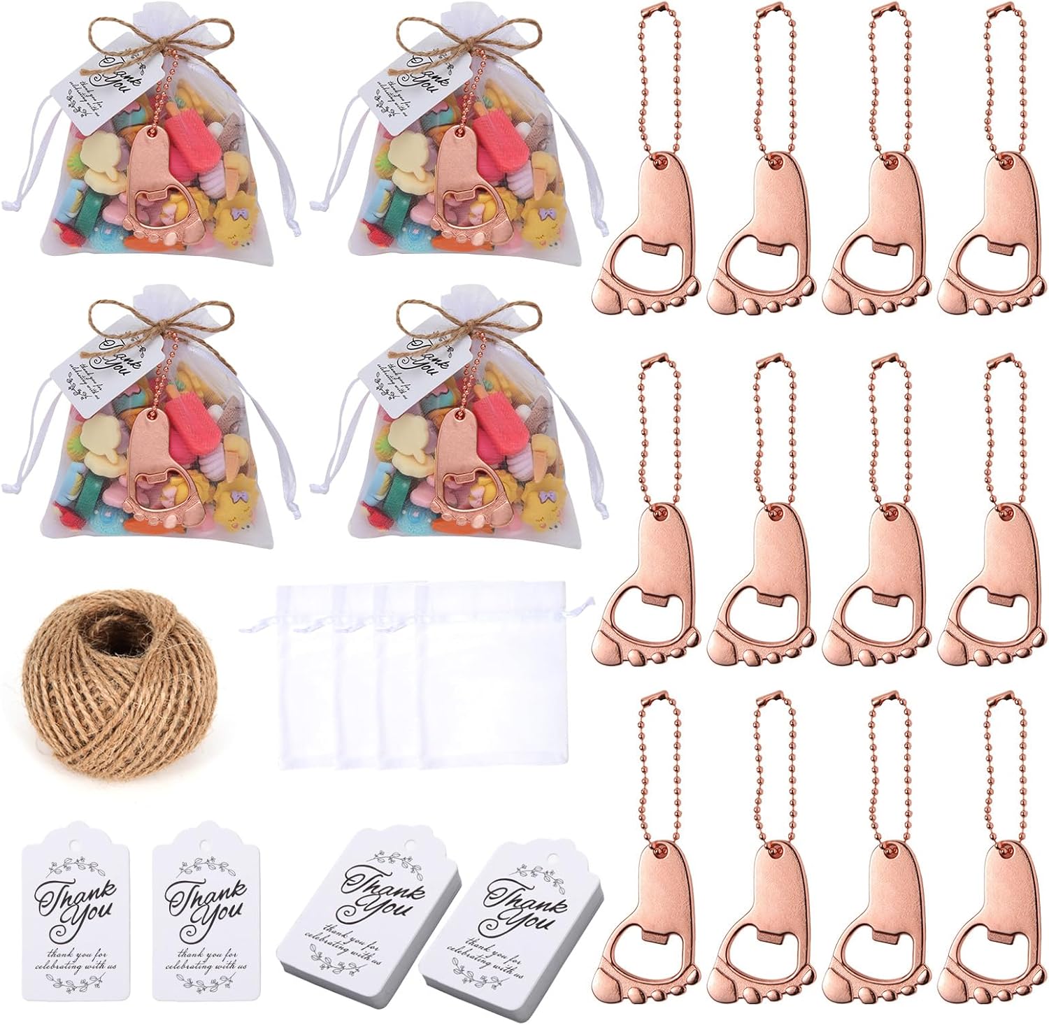 25 piezas de abrebotellas de huellas, recuerdos de baby shower, suministros y decoraciones con bolsas de organza y 1 rollo de cuerda de yute (oro