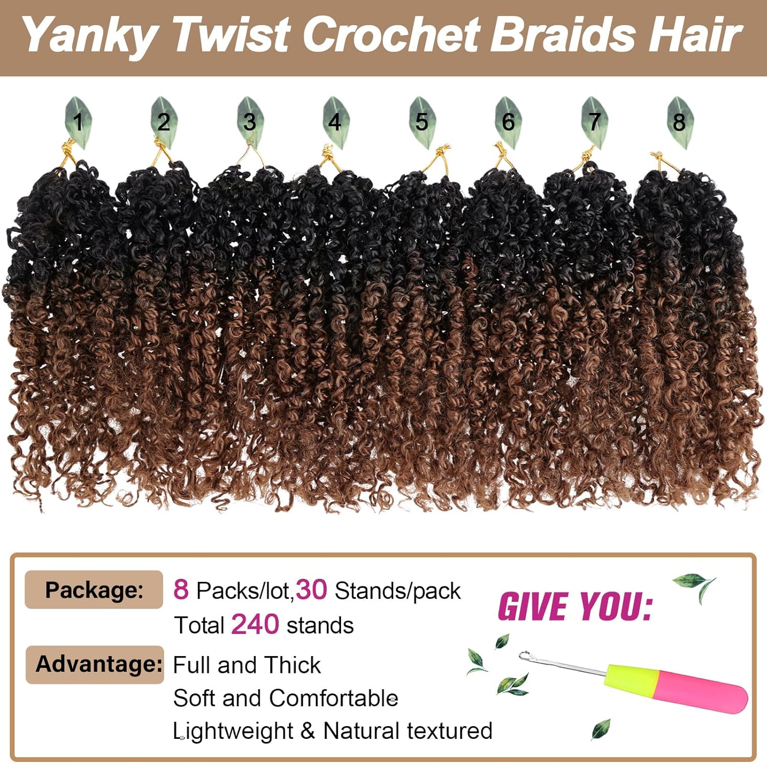 COOKOO Trenzas de ganchillo Yanky Twists de 8 pulgadas, 8 piezas, color marrón degradado, bohemios, cabello de ganchillo senegalés con rizos,
