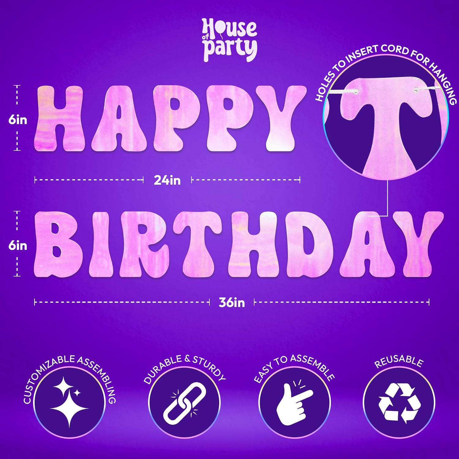 HOUSE OF PARTY Cartel de feliz cumpleaños  Cartel de letras de feliz cumpleaños iridiscentes de color rosa iridiscente de 6 pies  Fondo colgante de