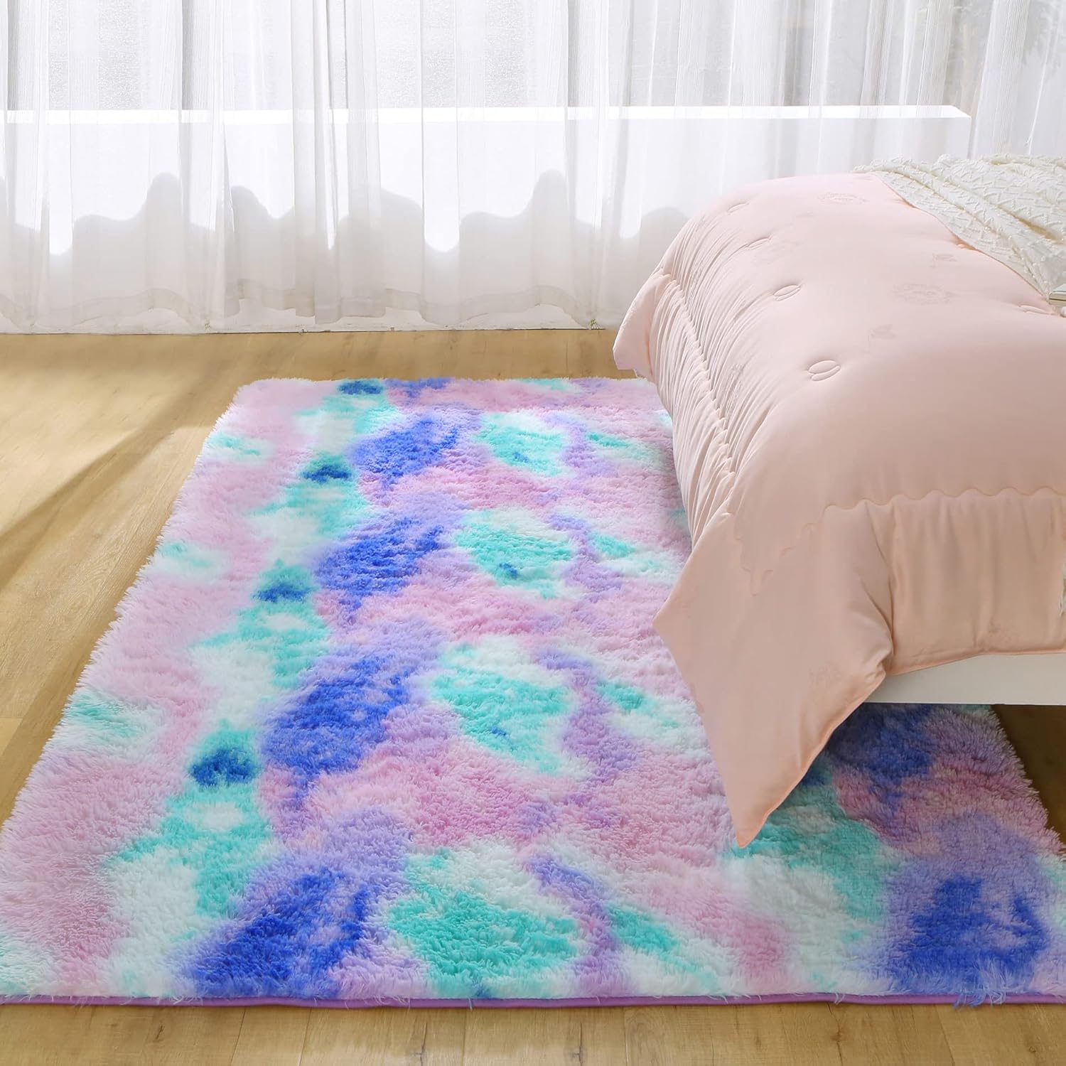 Ultra Soft Shaggy Rug for Bedroom, 4 x 6 Feet Modern Tie Dye Area Rug, Purple Blue Fluffy Carpet for Living Room, Kids Girls Room, Bedside, Home