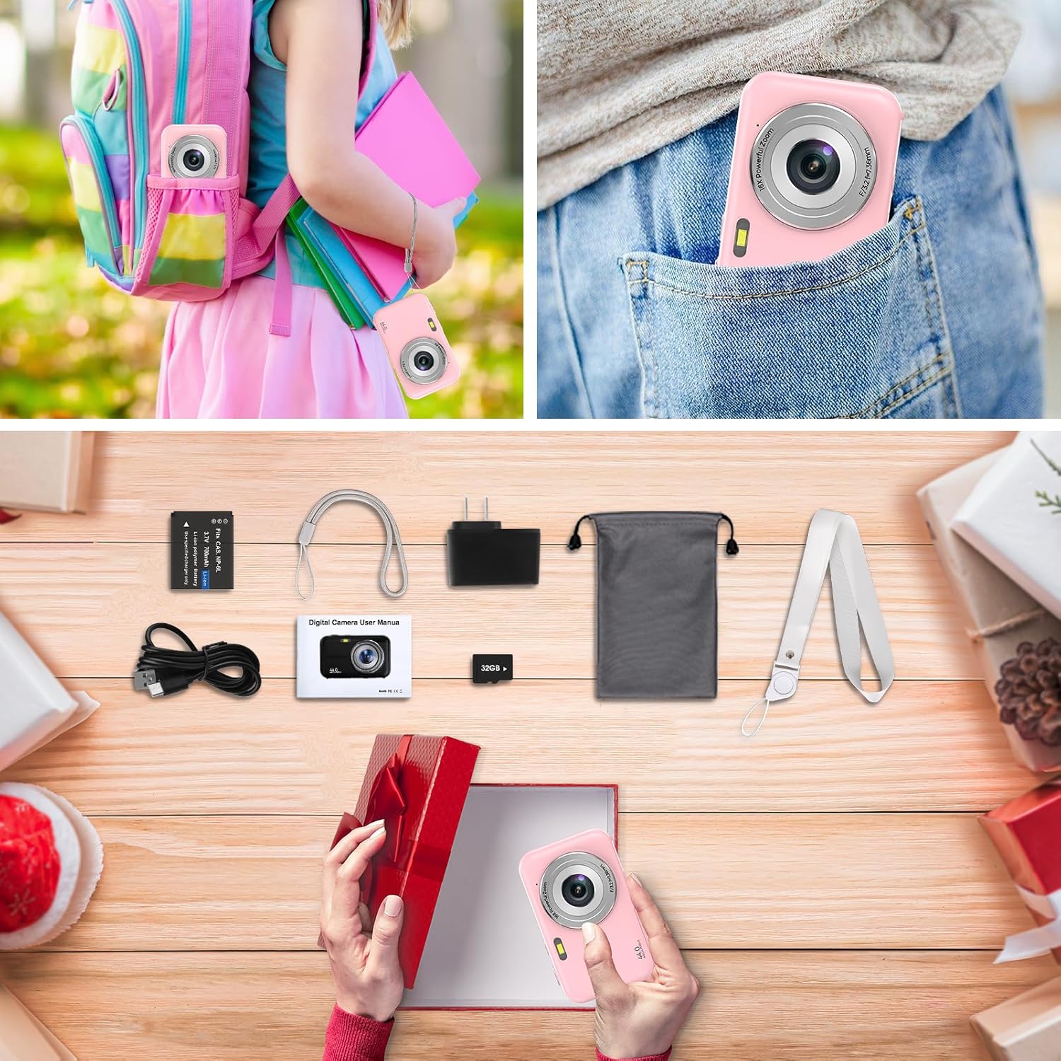 Cámara digital, FHD 1080P 44MP cámara para niños para fotografía con tarjeta de 32 GB, cámara digital de punto de zoom 16X y disparar con luz de
