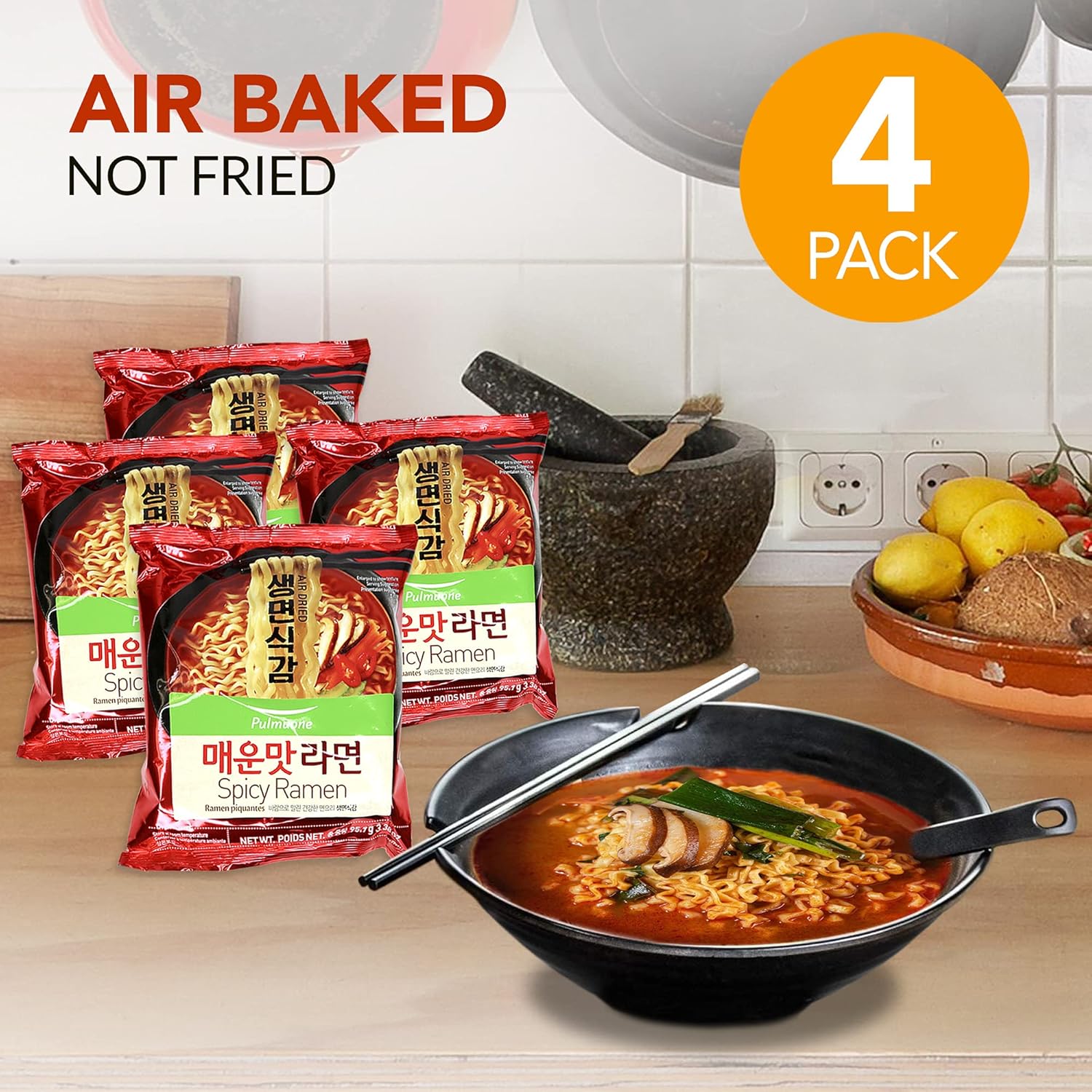 Pulmuone – Fideos coreanos Ramyun no fritos, paquete de 4 fideos instantáneos coreanos sabor picante, fácil de cocinar, auténtico ramen coreano con