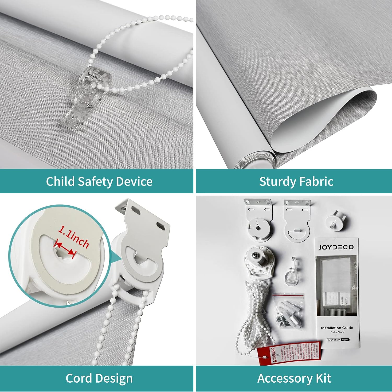 Joydeco Cortinas enrollables opacas con cable de 28 pulgadas, color gris claro, impermeables, clásicas con aislamiento térmico, protección UV, para
