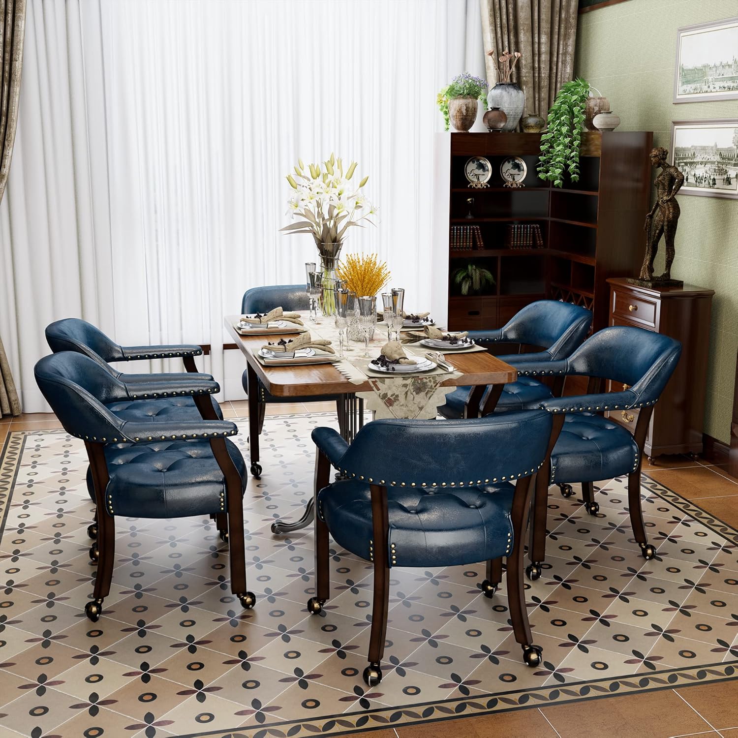 Silla enrollable grande para comedor con brazos, sillas laterales de cocina con ruedas, sillas de póquer de madera para juegos, silla con ruedas