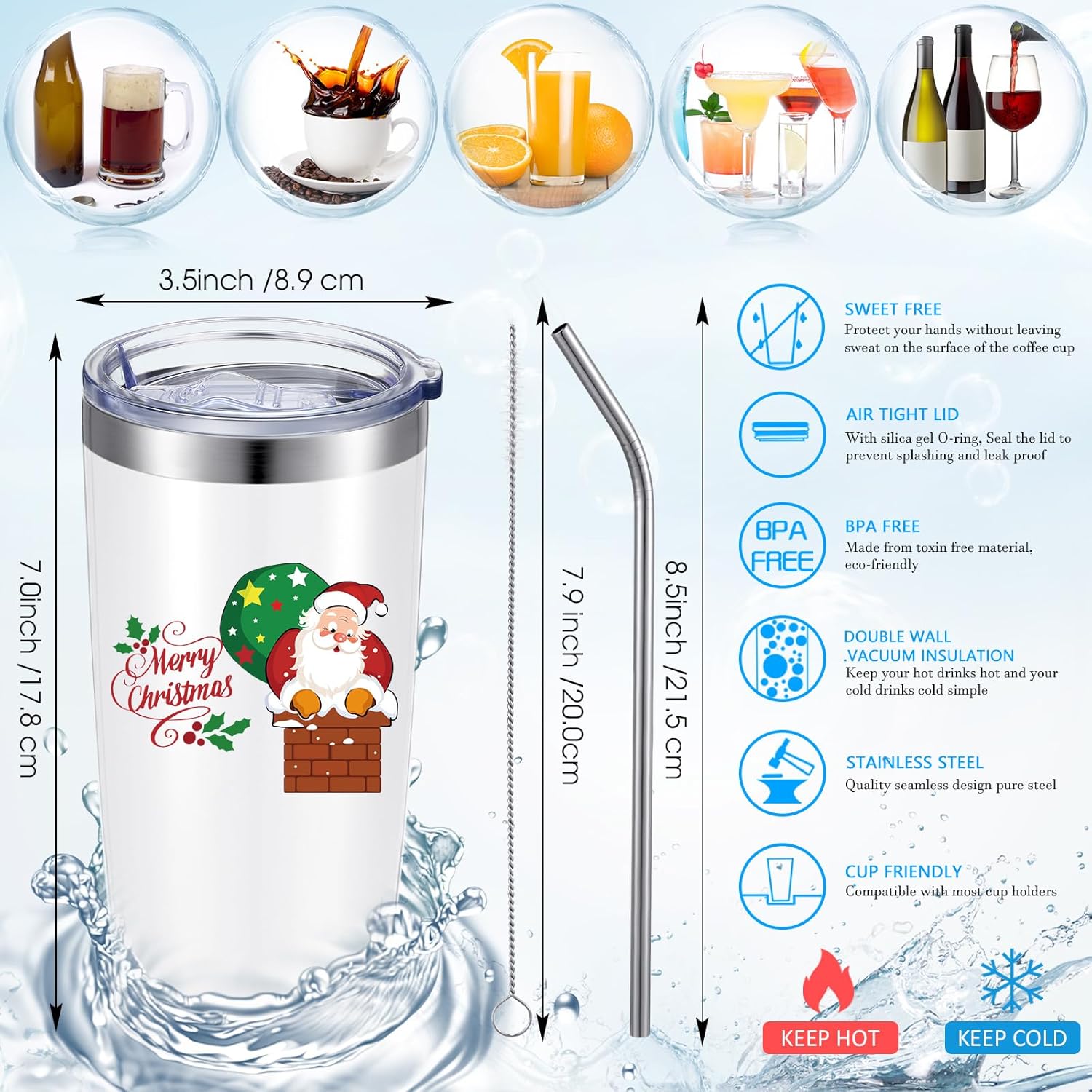 Suttmin Regalos de Navidad para empleados compañeros de trabajo, juego de 6 vasos de Navidad de 20 onzas, taza de Navidad aislada con tapas y
