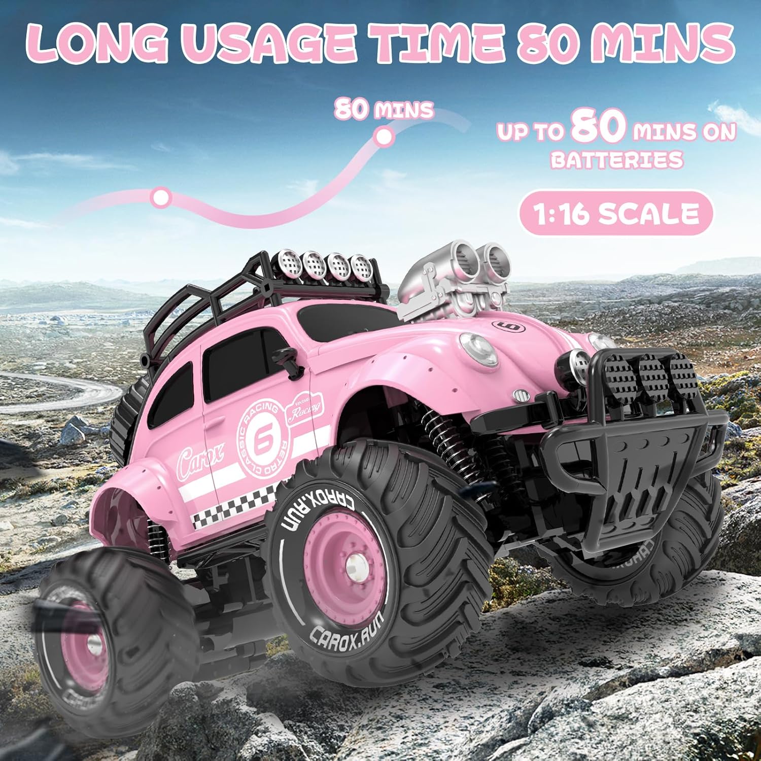 Carox Auto a control remoto para niñas, escala 116, 80 minutos de reproducción, color rosa, clásico con bonito faro LED para todos los terrenos,