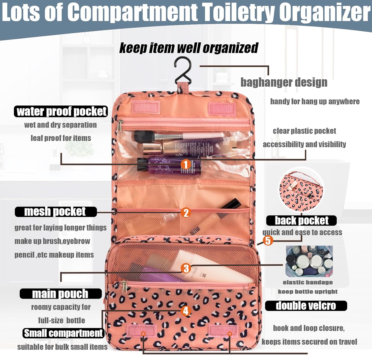 L&FY Neceser de viaje portátil multifunción, bolsa de maquillaje cosmético, estuche de aseo organizador de lavado, Impresión de leopardo.,