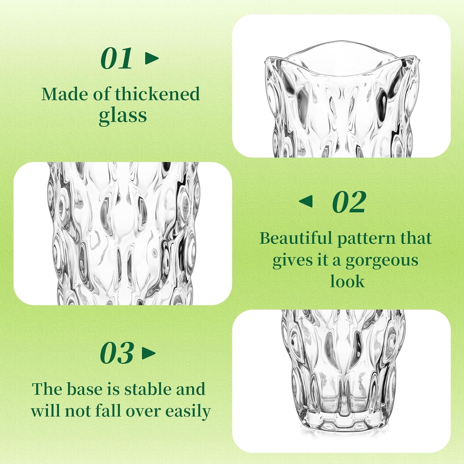 Hewory – Florero grande de cristal para flores, florero de ramo de flores de cristal transparente adornado de 9.5 pulgadas de alto para centros de