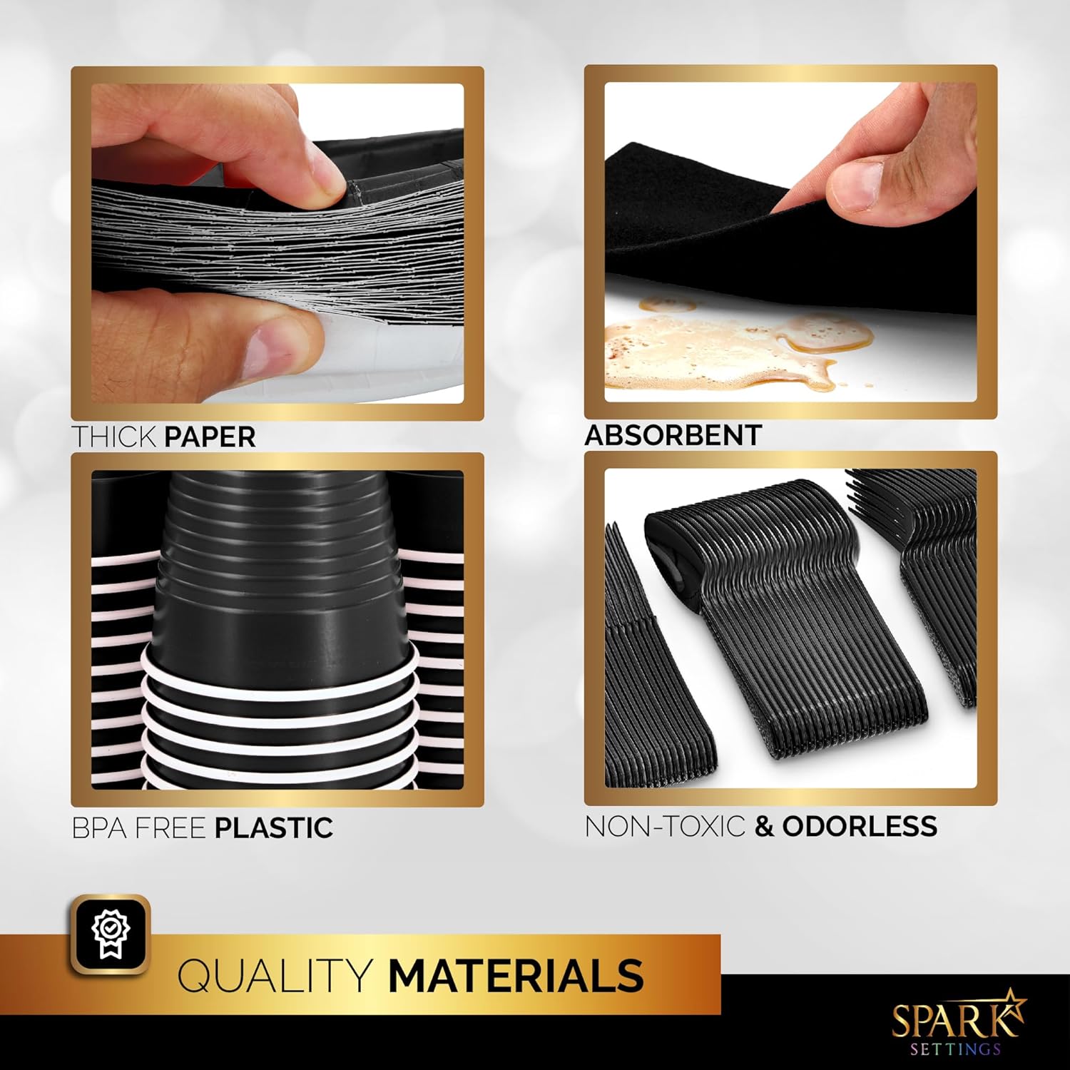 Juego de suministros negros para fiestas, platos de papel, vasos de plástico, tenedores, cuchillos, cucharas, servilletas, mantel para 20 invitados,