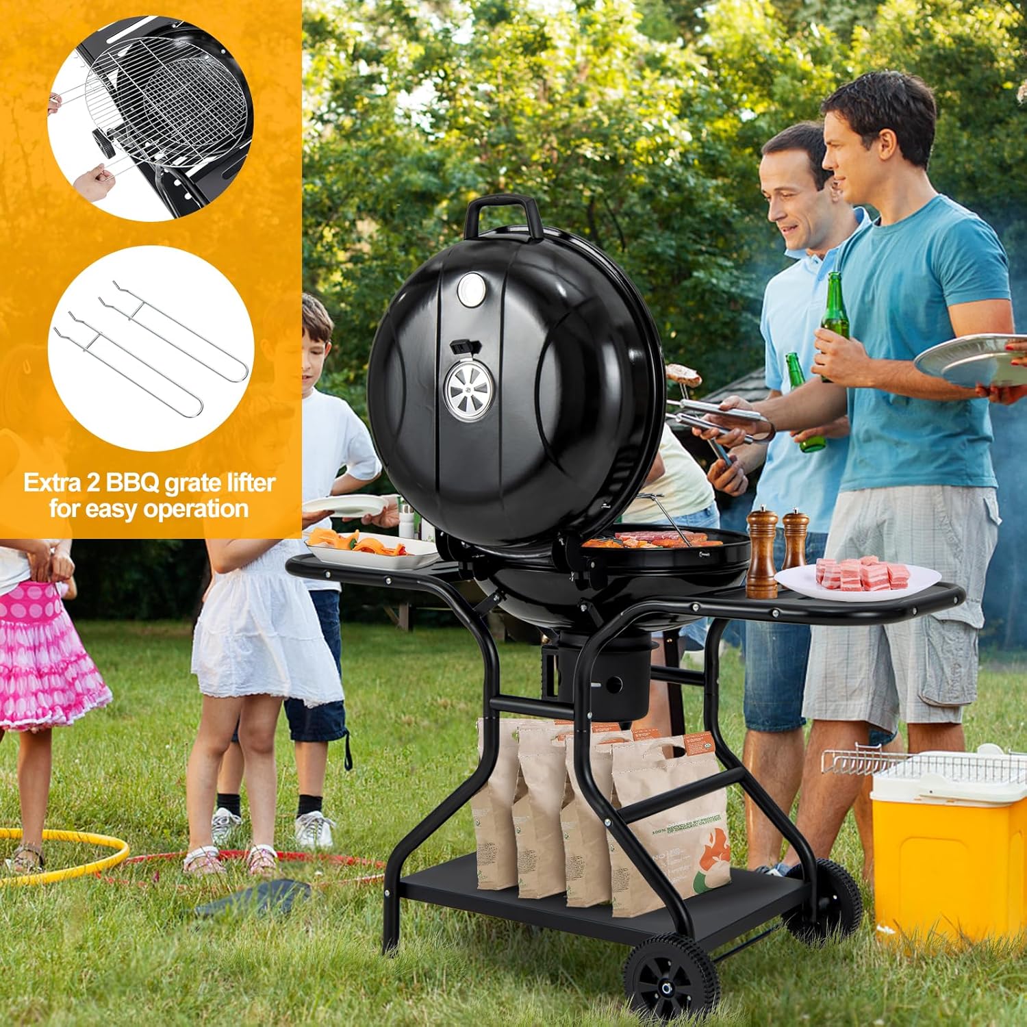 Giantex Kettle – Parrilla de carbón de 22 pulgadas, cuerpo y tapa esmaltados de porcelana, 2 mesas auxiliares con 4 ganchos, estante de