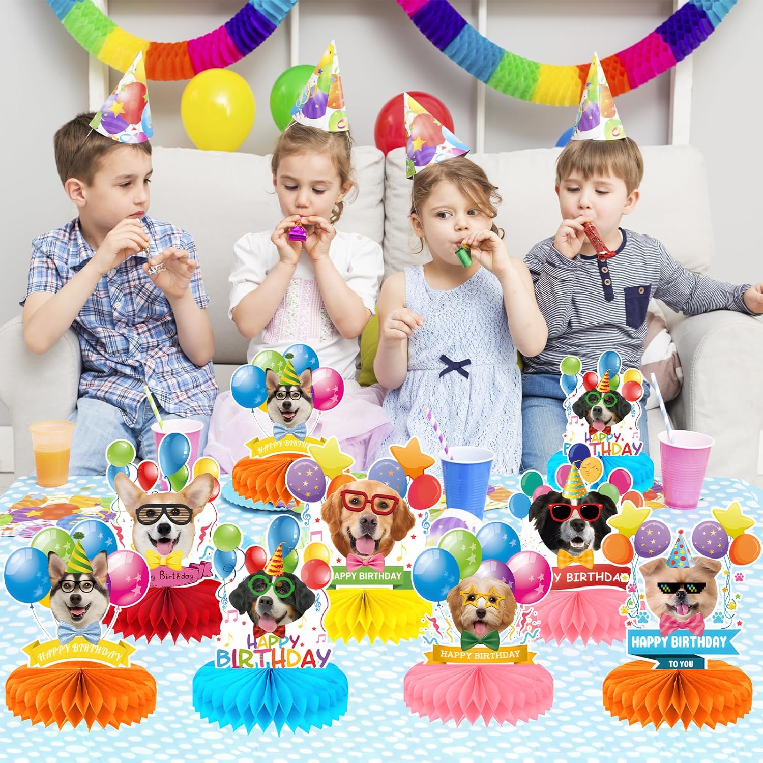 Decoraciones de fiesta de cumpleaños con temática de perro, 9 piezas, decoraciones de cumpleaños para perros, centros de mesa de panal para mesas,