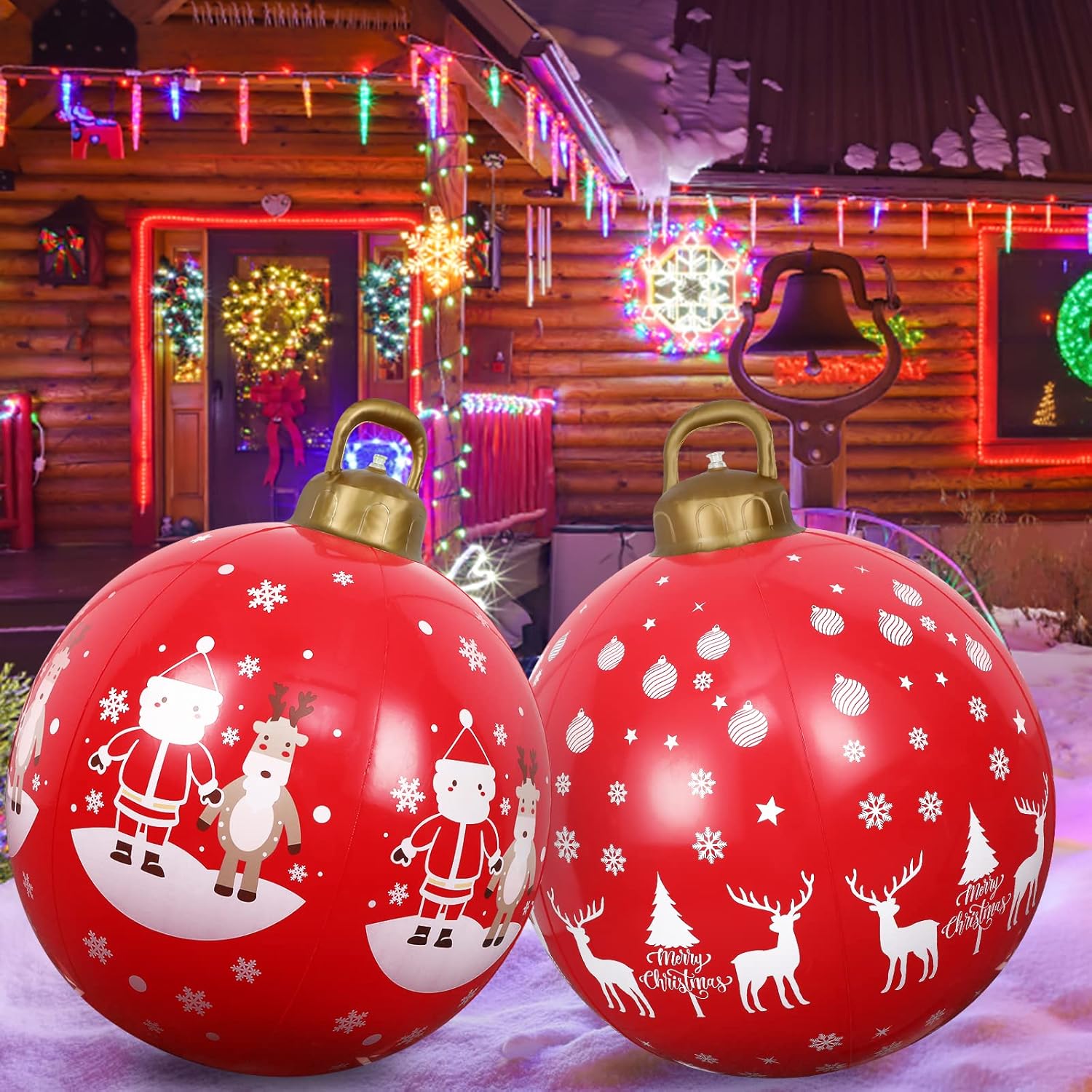 2 bolas inflables de Navidad de 24 pulgadas, decoración de PVC de color rojo con texto en inglés “Merry Christmas” para exteriores, extra grande,