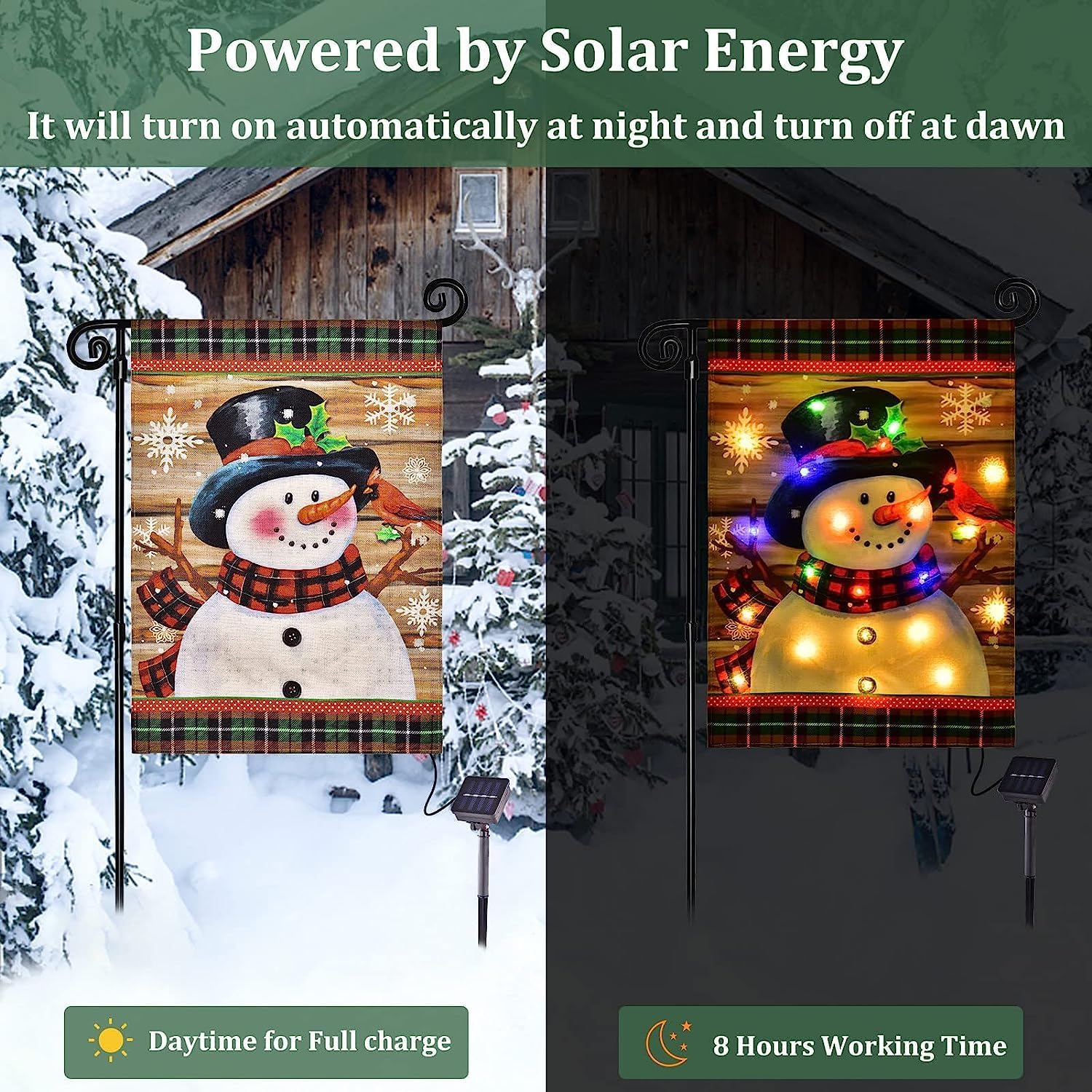 Bandera de invierno iluminada para jardín, bandera de jardín con luces LED de muñeco de nieve, bandera de jardín de invierno de 28 x 40 pulgadas,