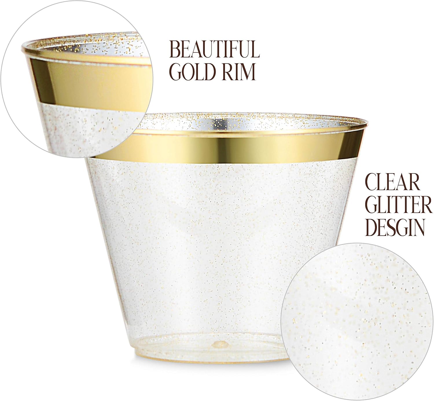 Paquete de 100 vasos de plástico de 9 onzas con purpurina dorada con borde dorado, tazas de fiesta de alta calidad, elegantes y resistentes, bodas,