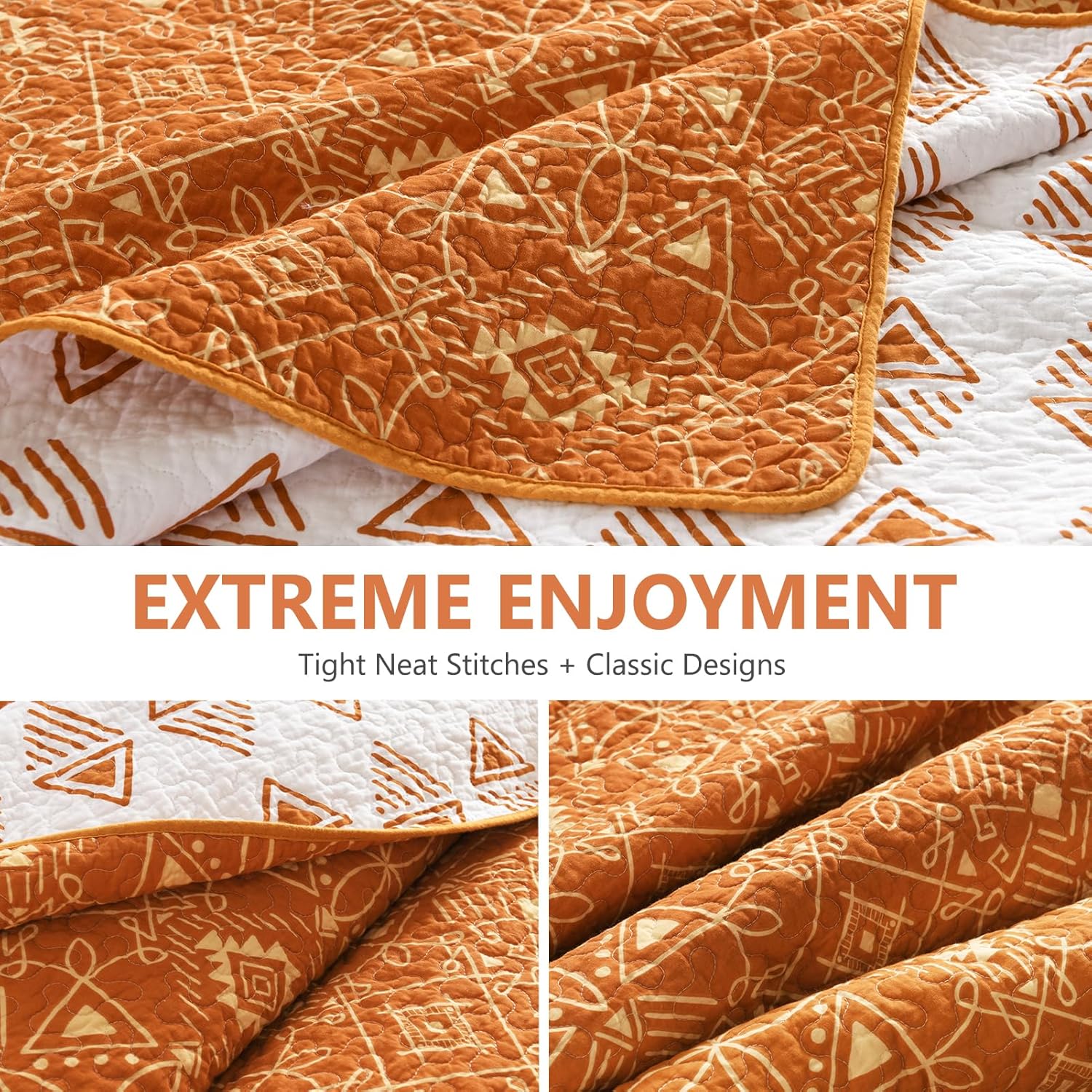 DUOHONG Juego de colcha tamaño King  Juego de colcha de 100% algodón naranja para cama King, 3 piezas geométricas de granja, reversible, rústico,