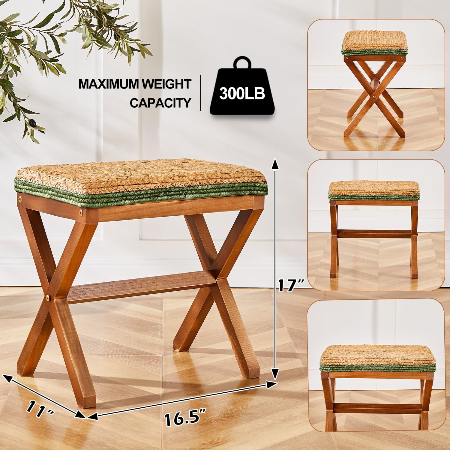 Cpintltr Reposapiés otomano de hierba marina natural, puf otomano con patas de madera, rectangular, tejido a mano, reposapiés para sala de estar,
