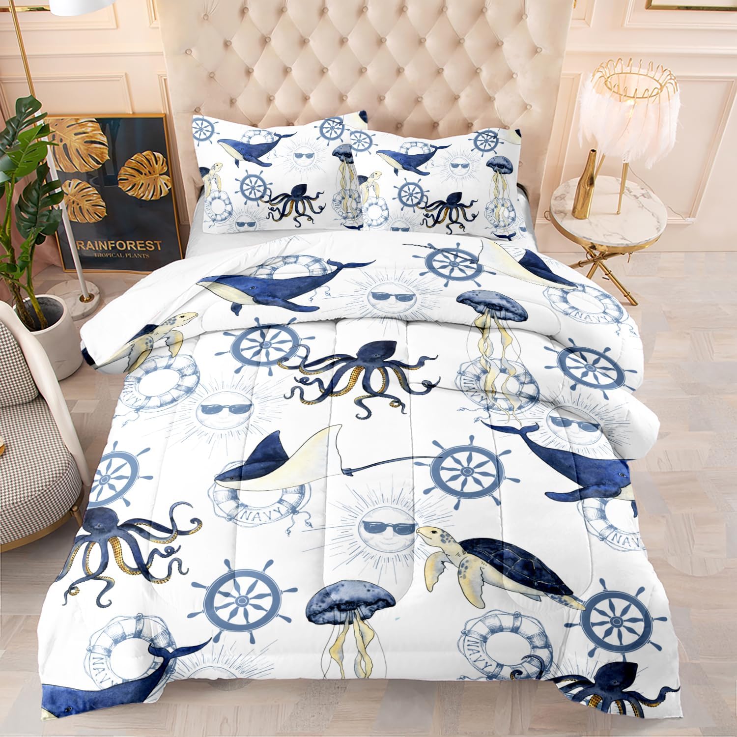 CVHOUSE Juego de edredón costero tamaño Queen, juego de ropa de cama con temática náutica azul para niños, juego de edredón de ancla oceánica, juego