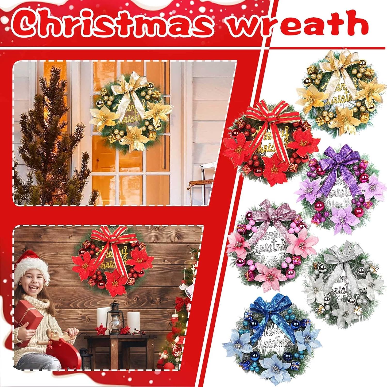 Corona de Navidad para puerta delantera con detalles azules, lazo para decoración de puerta delantera, 12 pulgadas, para pared exterior, interior,