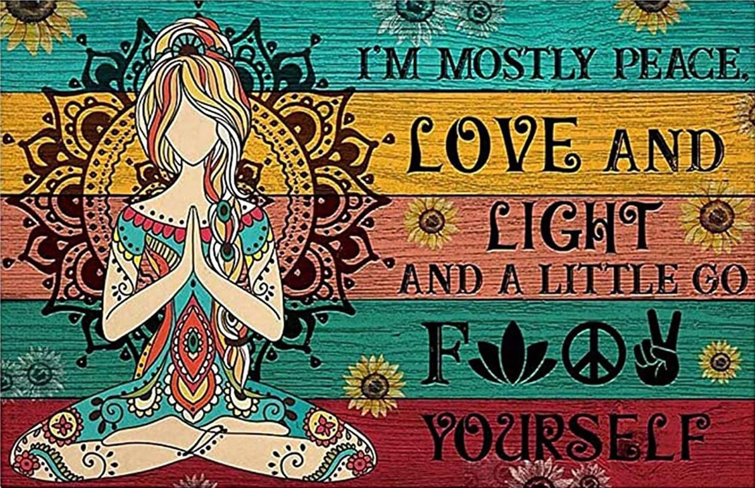Divertido lienzo de yoga para pared, pintura en lienzo con texto en inglés “I M Mostly Peace Love and Light”, pósteres vintage, arte de pared,