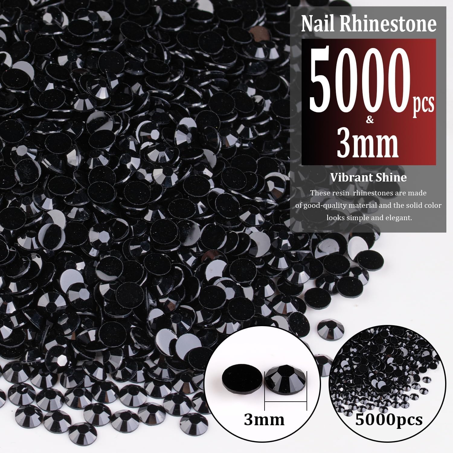 5000 diamantes de imitación de resina de 0.118 pulgadas a granel, diamantes de imitación de gelatina redondos negros con parte trasera plana, gemas