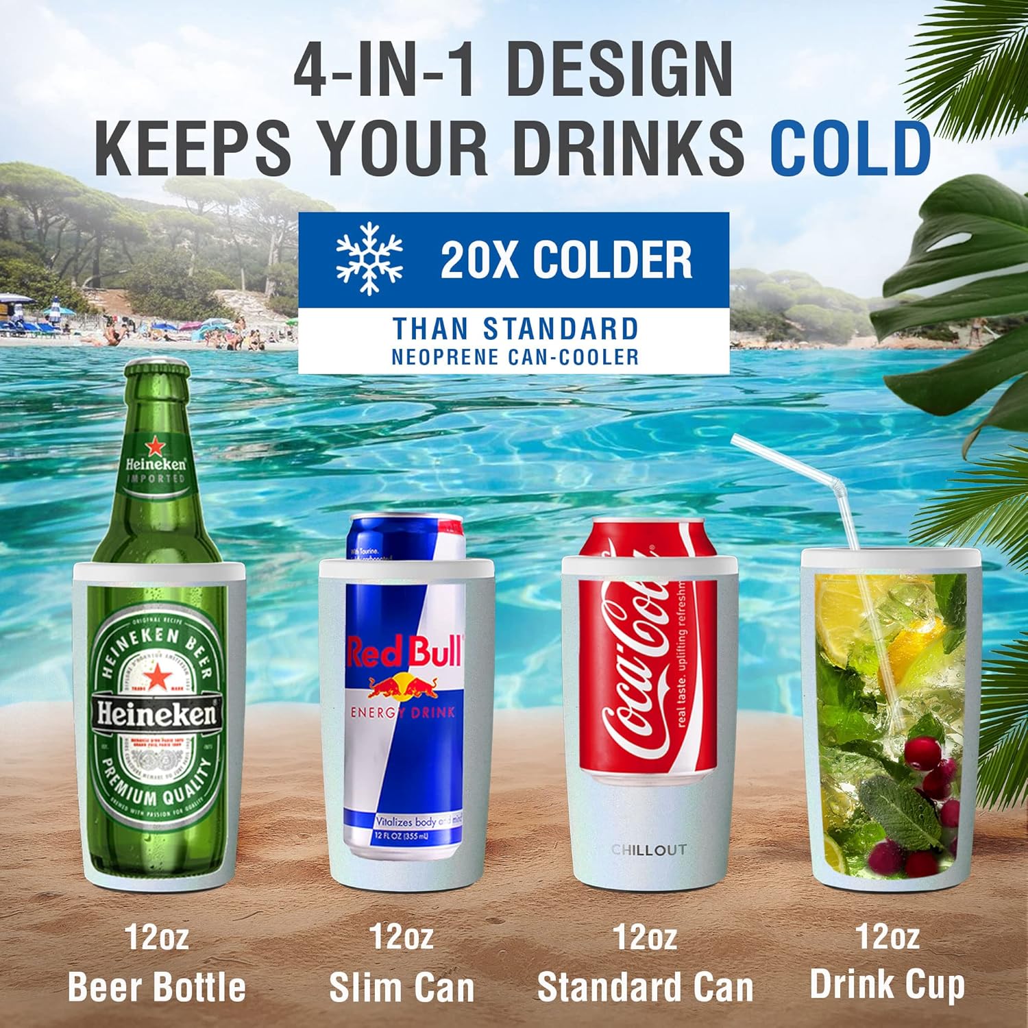 CHILLOUT LIFE Skinny – Enfriador de latas para latas delgadas y botellas de cerveza de 12 onzas estándar o altas  Enfriador de latas universal 4 en