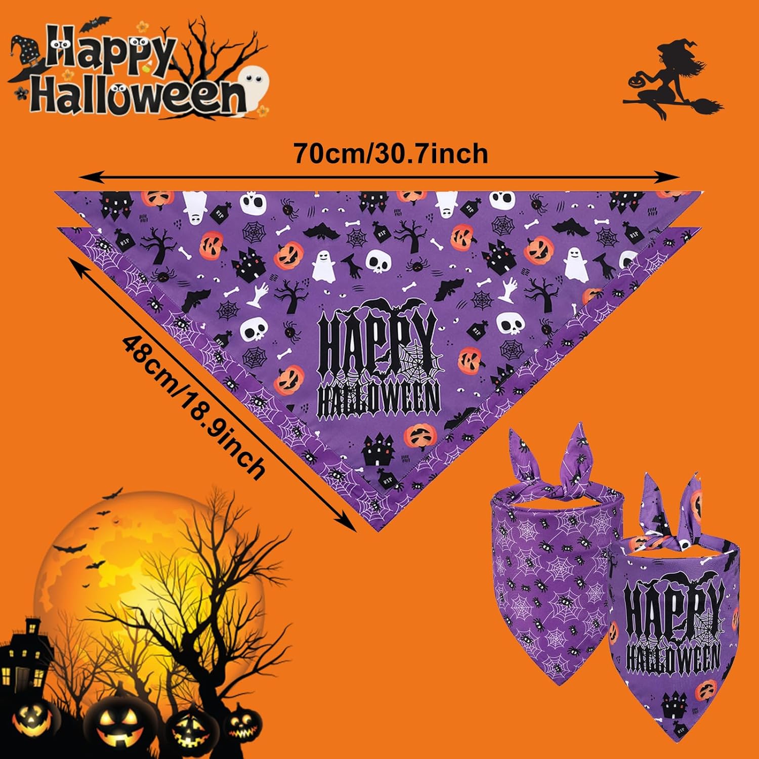 Bandana de Halloween para perros  2 pañuelos triangulares ajustables para mascotas para todas las razas  Pañuelo lavable para cachorros de Acción de