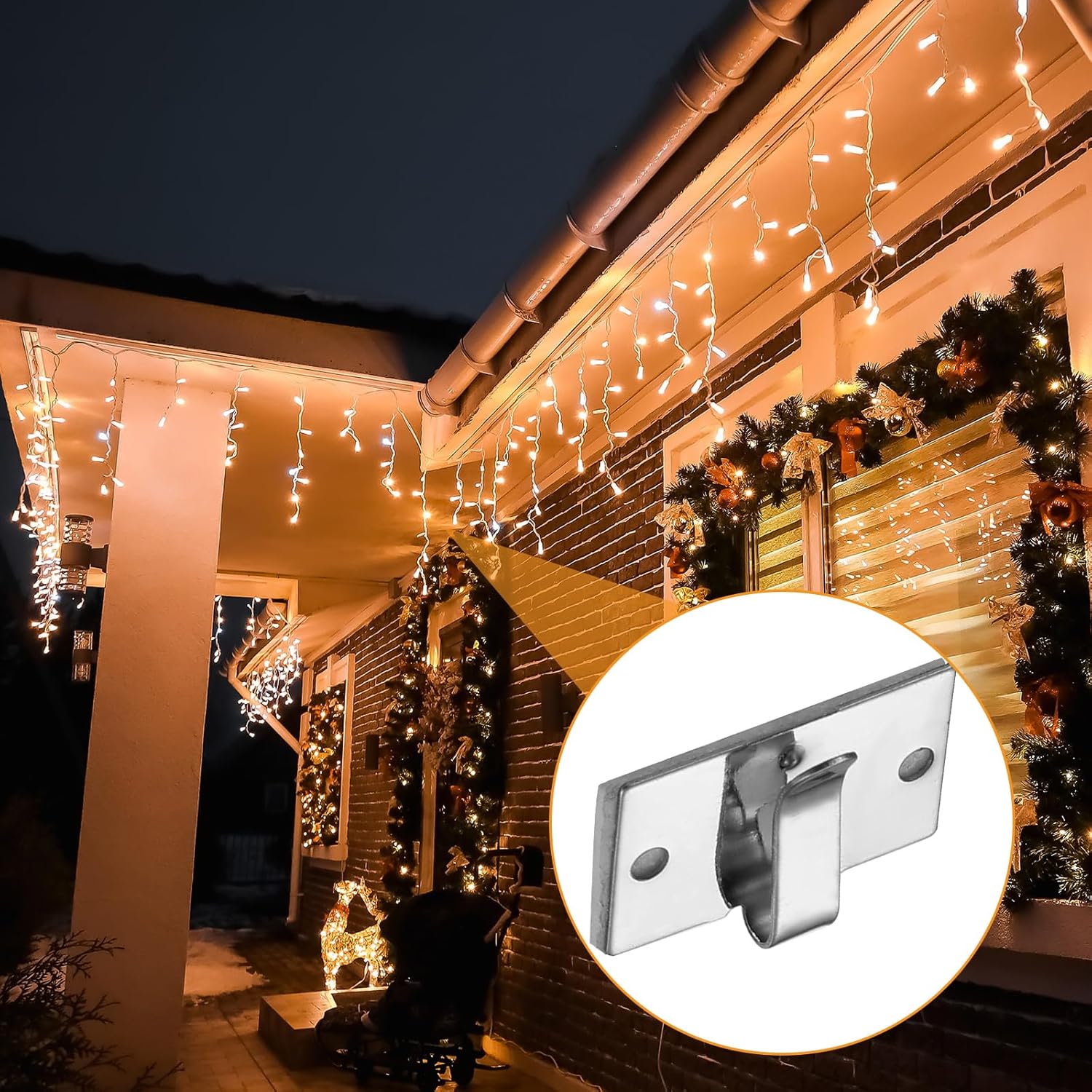 Blulu Clips de Navidad para tiras de luces al aire libre, clips de cable de metal con soporte adhesivo para cables, ganchos de metal para colgar