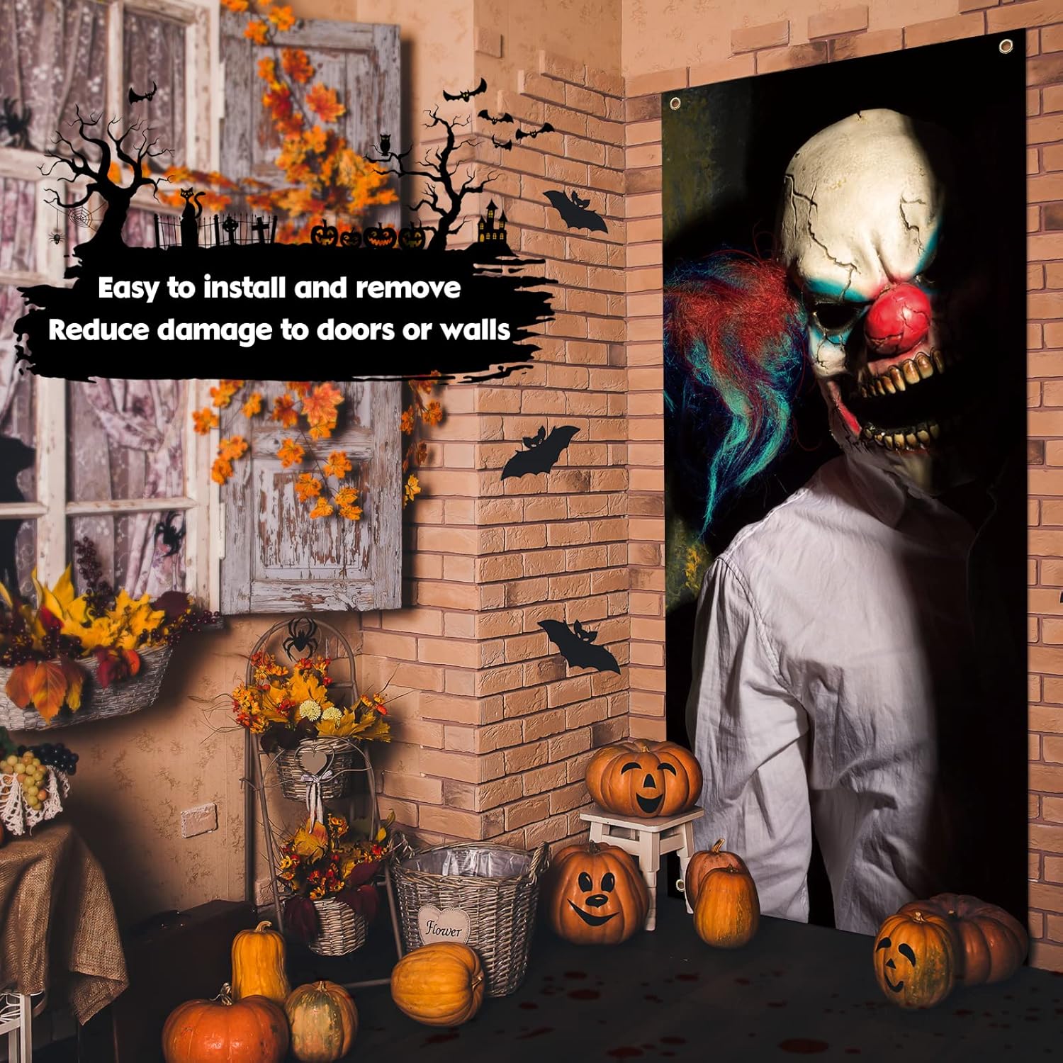 Cubierta de puerta de fantasma de payaso malvado, decoración de puerta de Halloween, 79 x 35 pulgadas, calcomanías de payaso aterrador, carteles de