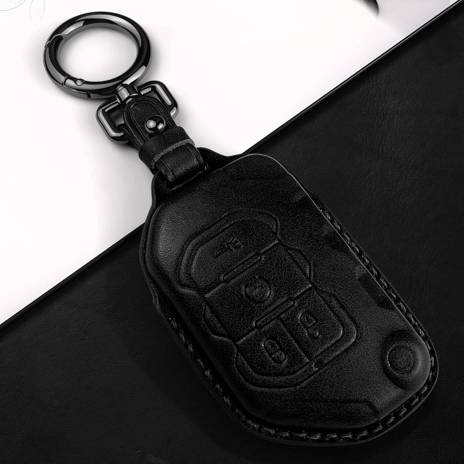 Tukellen Funda de cuero para llavero Jeep Wrangler Gladiator Sahara Rubicon con 4 botones (negro)