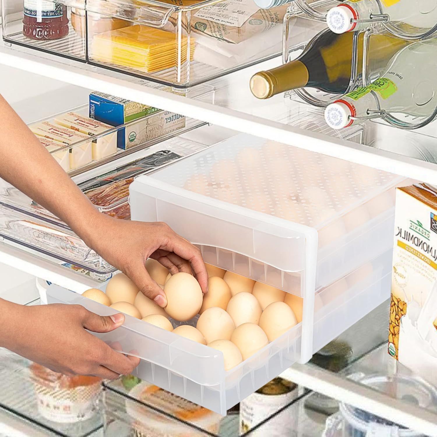 WAYTRIM Cajón de huevos de plástico para huevos, cesta de huevos, organizador de nevera con asas, contenedor de almacenamiento para refrigerador,